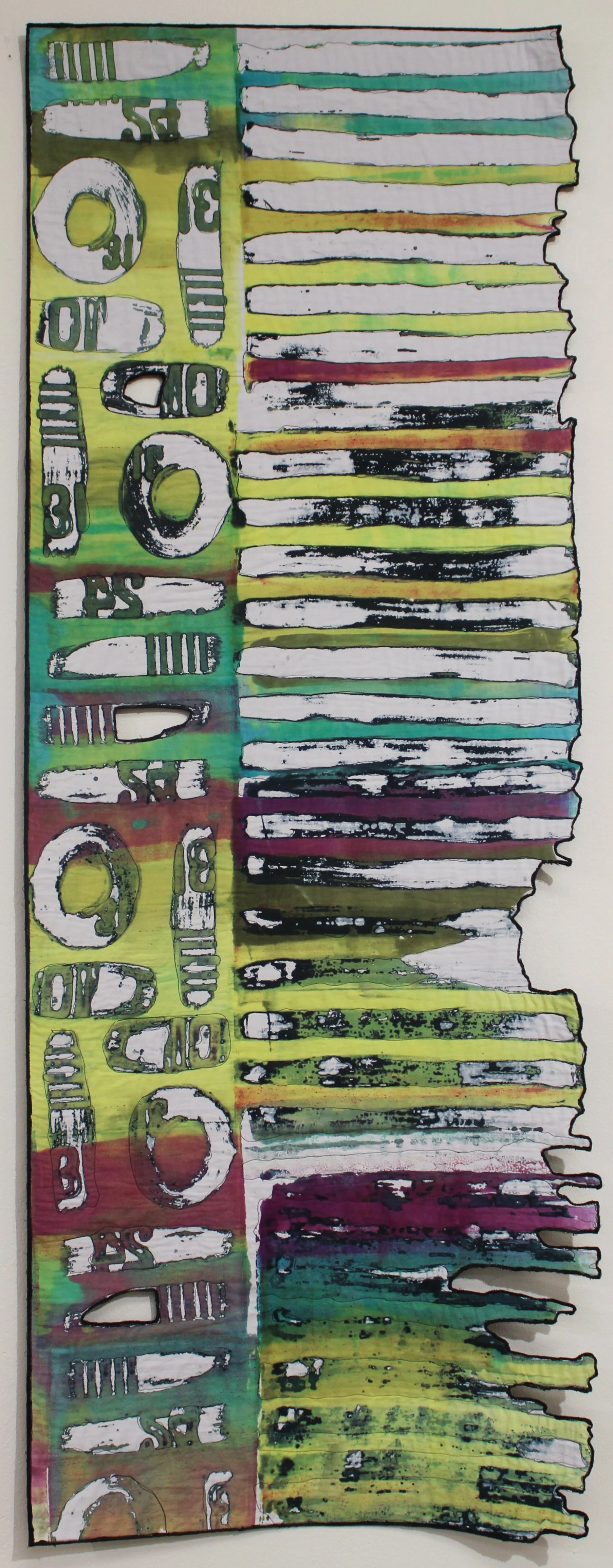 "GROWTH CHART" - Agnes Stadler; Art quilt, deconstructed screen print technique; $350