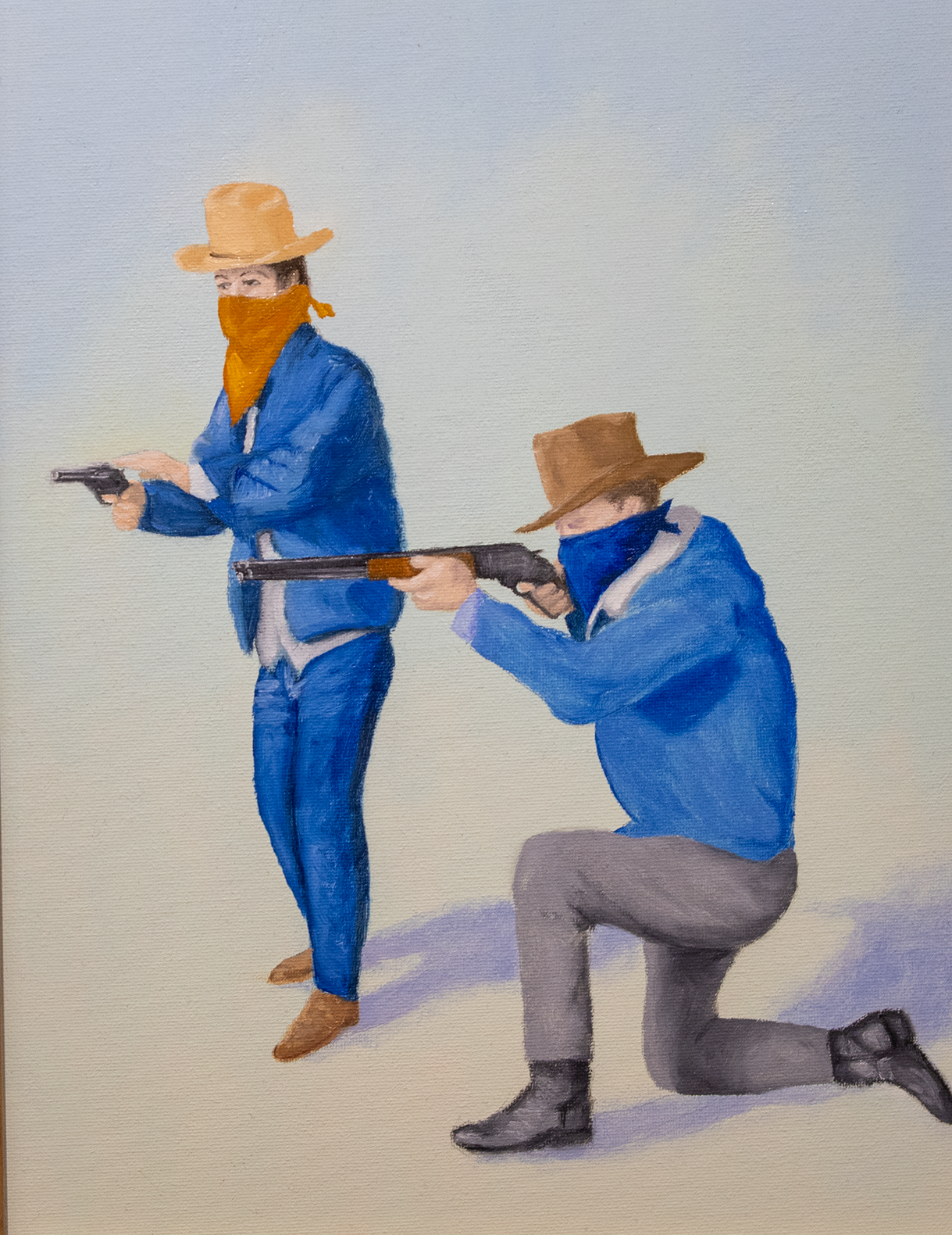 Gunfight #5 - Clayton Beavers, oil and acrylic on canvas panel,, $150