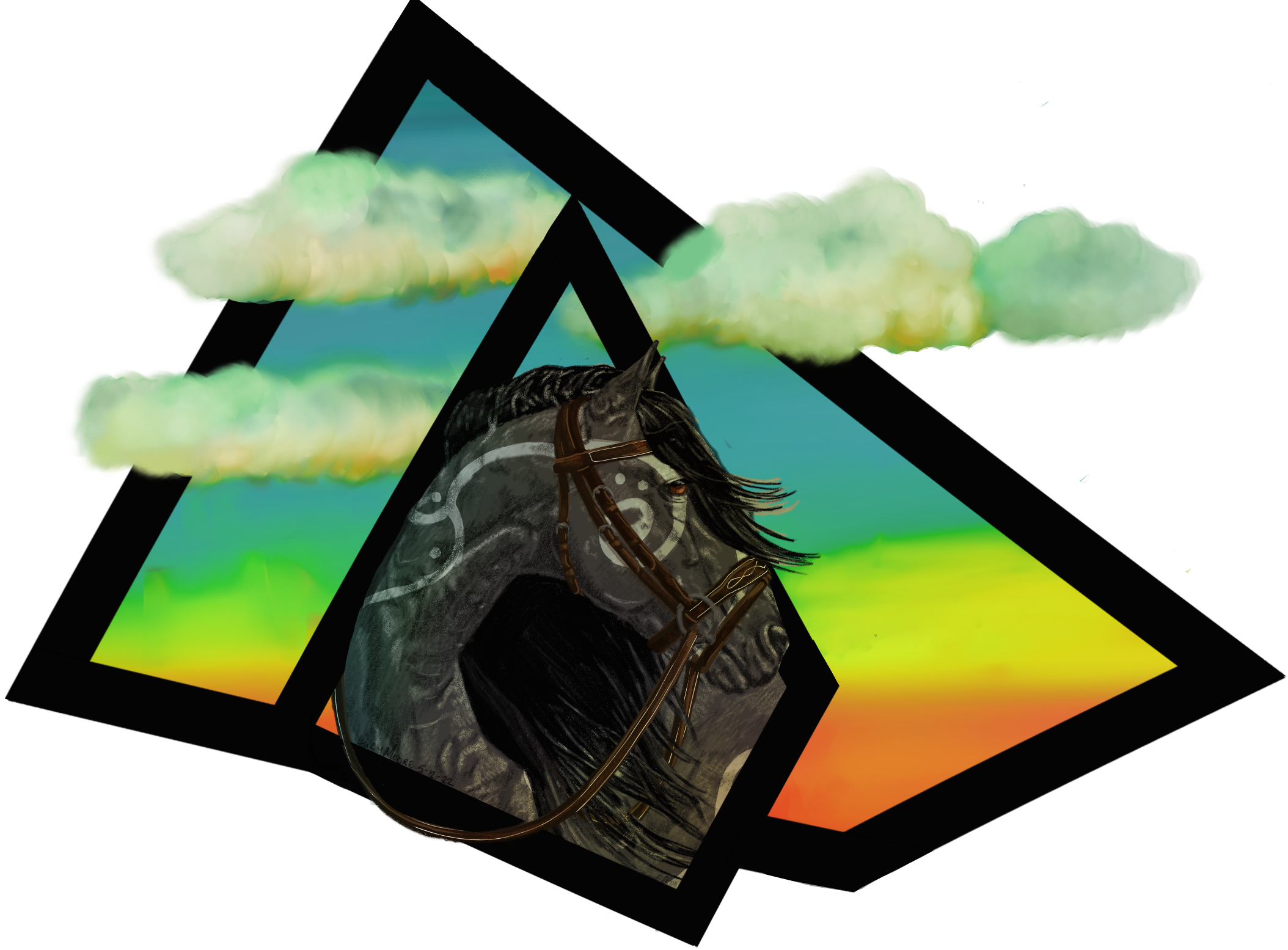 Commission of Remuda's Dim Sum in english bridle and with clouds and a sunset