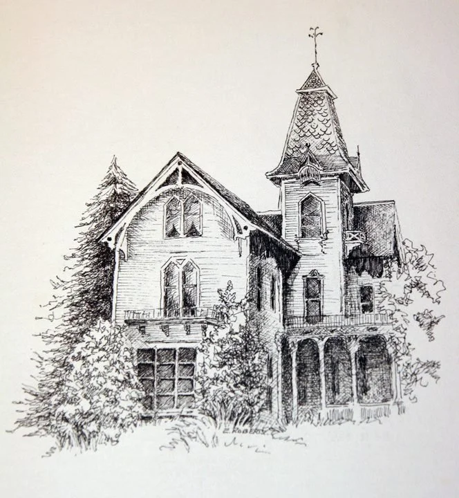 stippled pen and ink drawing of old house