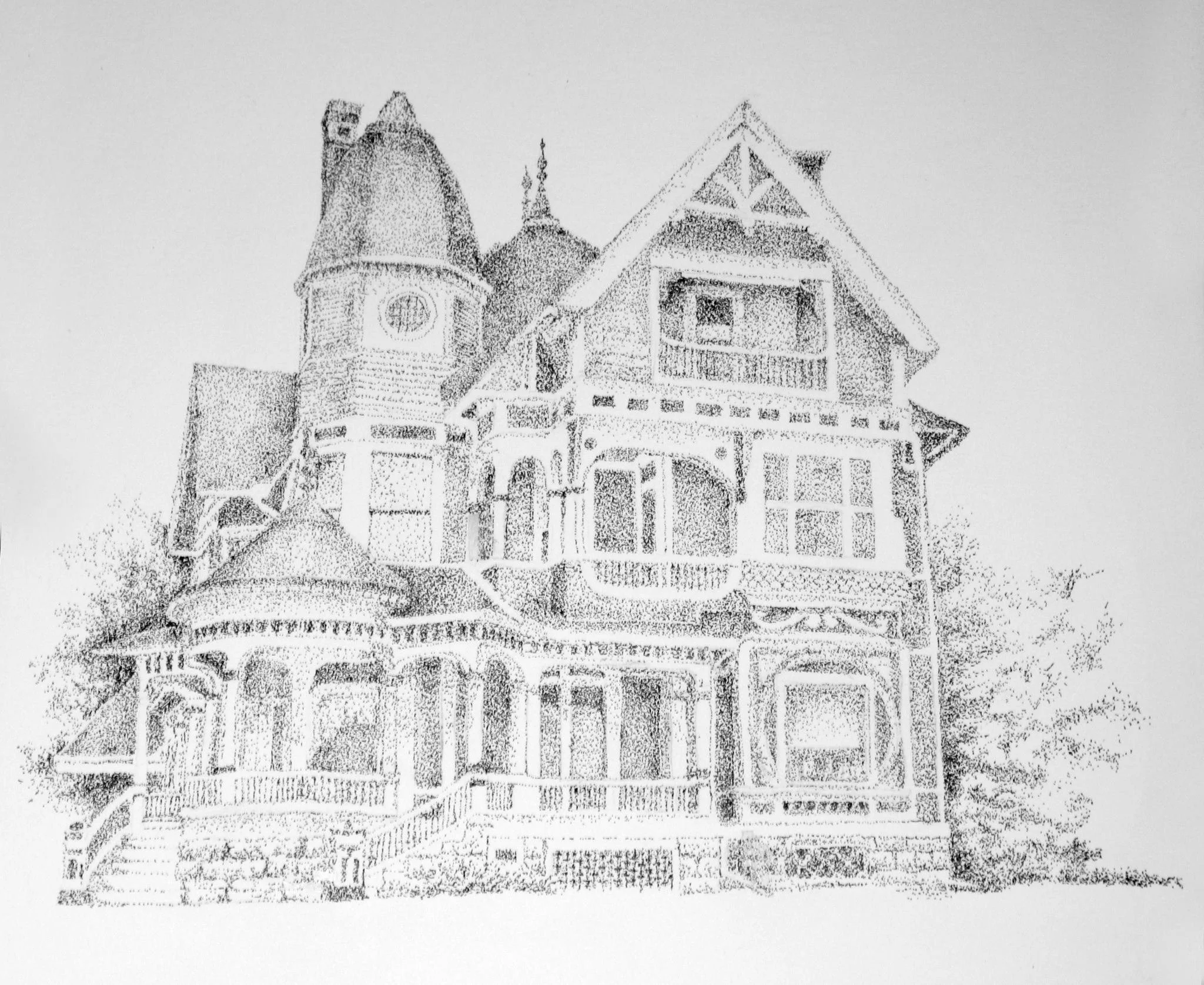pen and ink drawing of gingerbread house