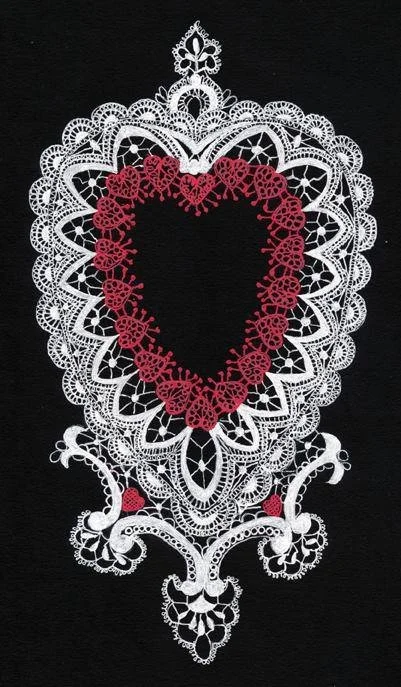 pen and ink (white and red ink) on black paper of lace heart
