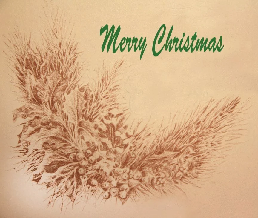 sepia pen and ink pine needles and holly - text added digitally