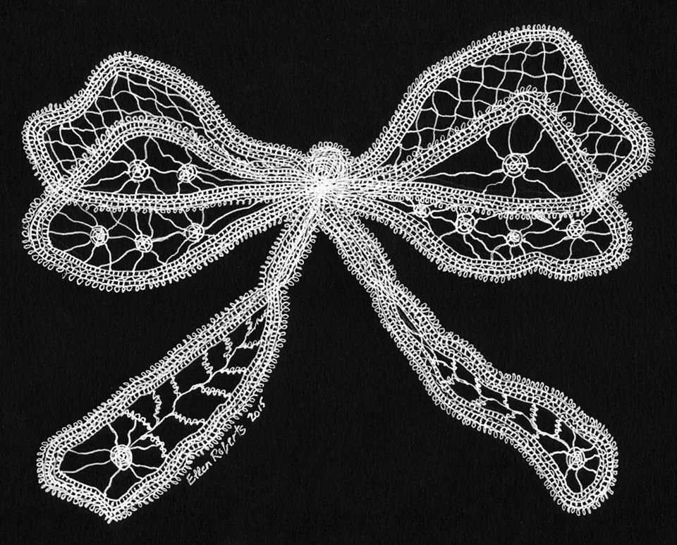 pen and ink (white ink) on black paper of bobbin lace bow