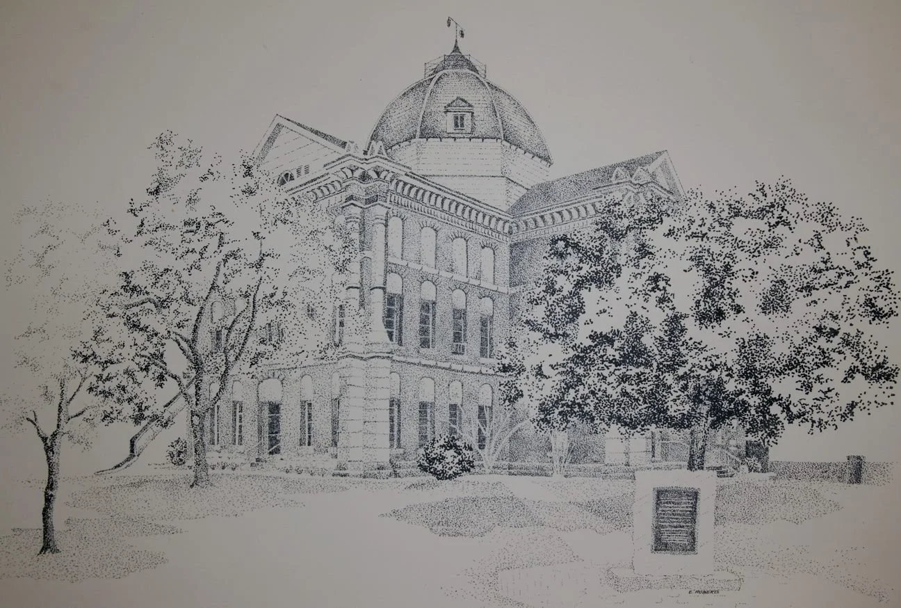 pen and ink stipple drawing of courthouse - illustration for a book