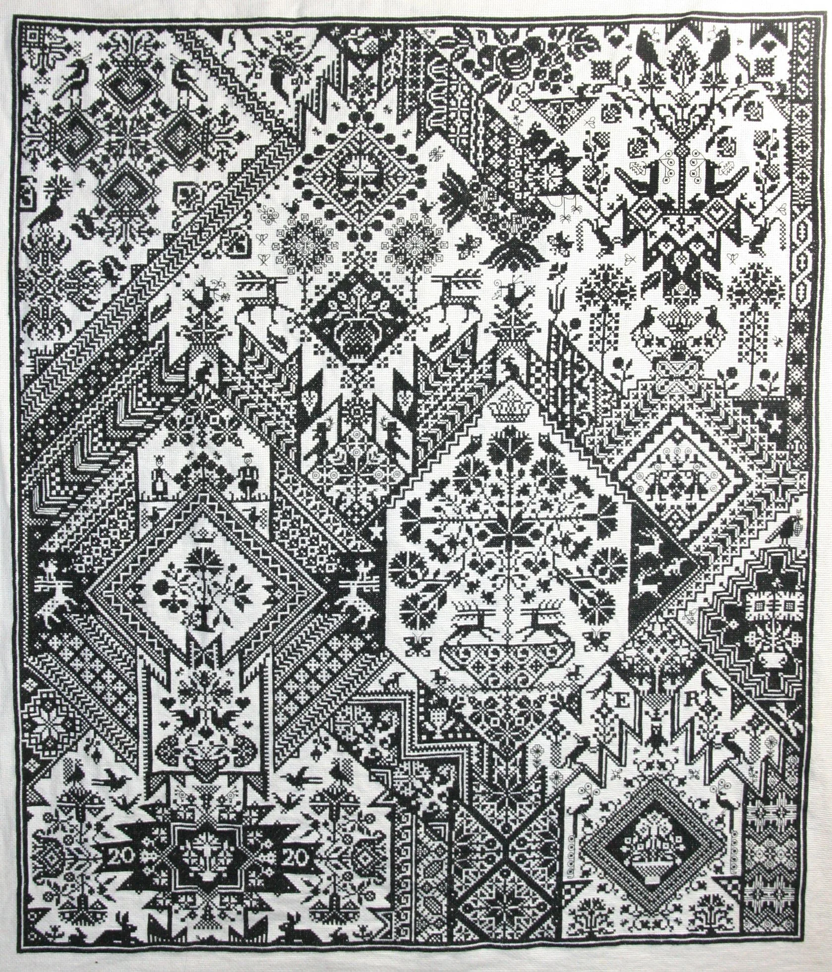 Cross stitch pattern called Pandemic done during the Covid-19/Coronavirus pandemic in 2020.  Similar in style to blackwork.

This is finally finished.  The pattern is 20 pages. (Completed end of Sept. 2020)