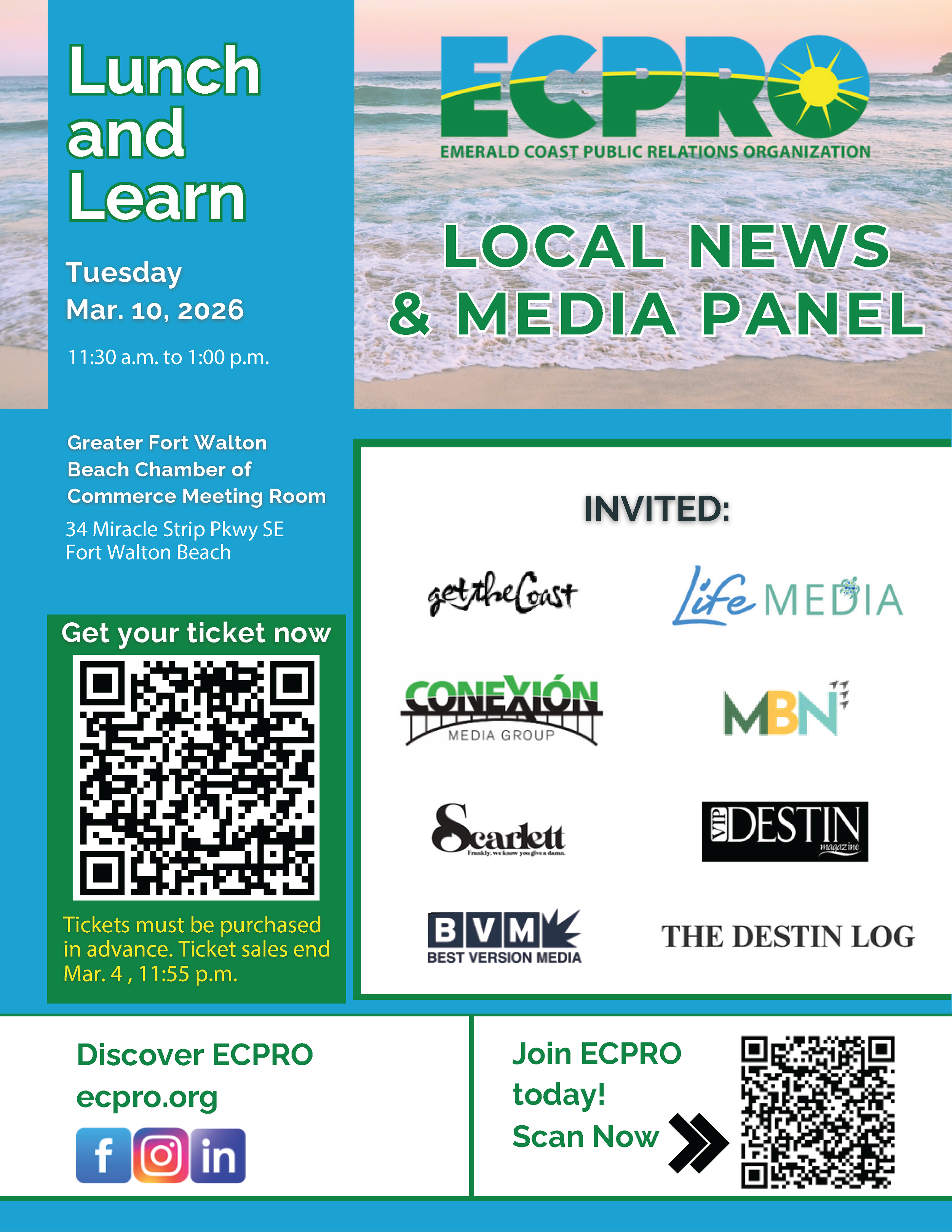 graphic promoting ECPRO's "Local News & Media Panel" lunch & learn on Tuesday, March 10, 2026 at the Greater Ft. Walton Beach Chamber