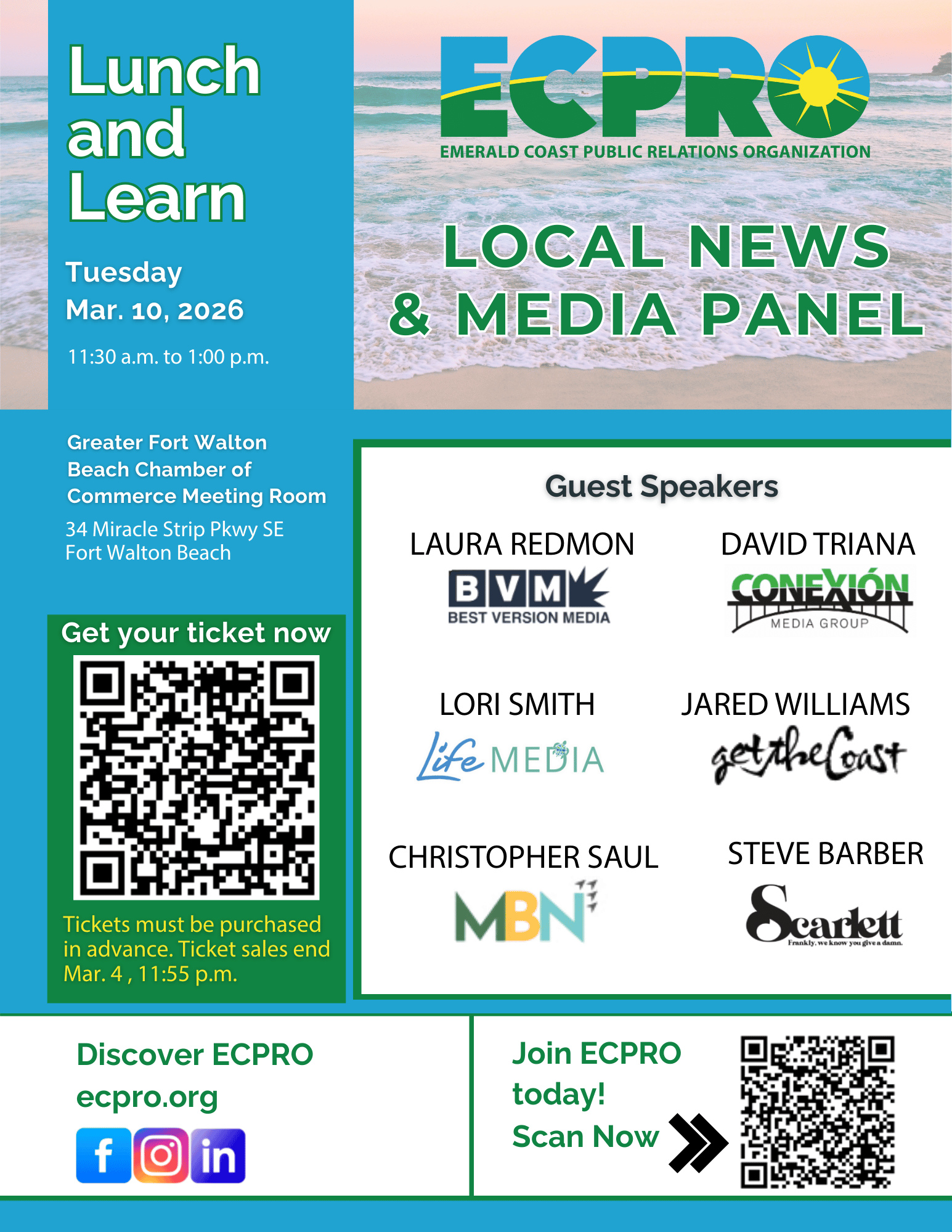 graphic promoting ECPRO's "Local News & Media Panel" lunch & learn on Tuesday, March 10, 2026 at the Greater Ft. Walton Beach Chamber