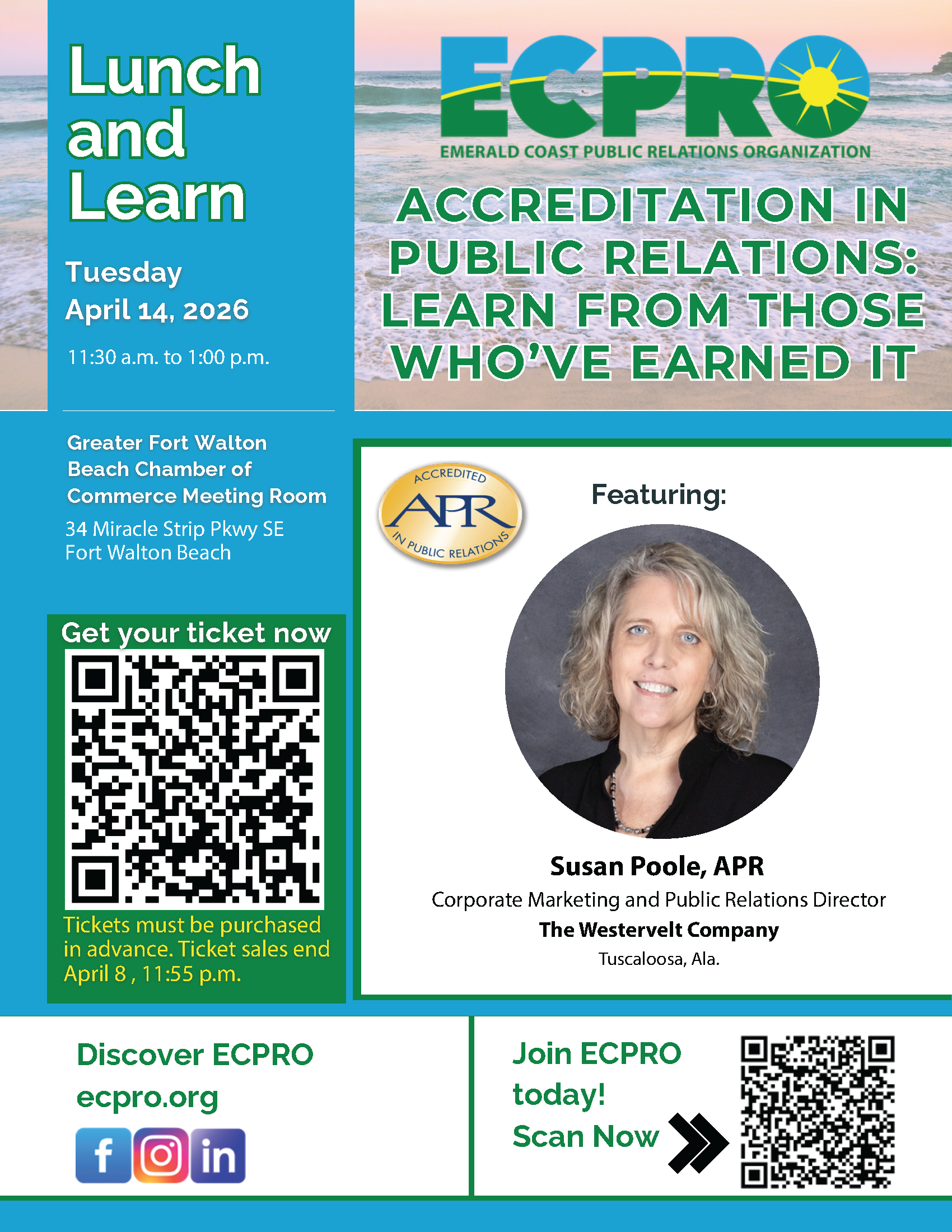 graphic promoting ECPRO's "Local News & Media Panel" lunch & learn on Tuesday, April 14, 2026 at the Greater Ft. Walton Beach Chamber