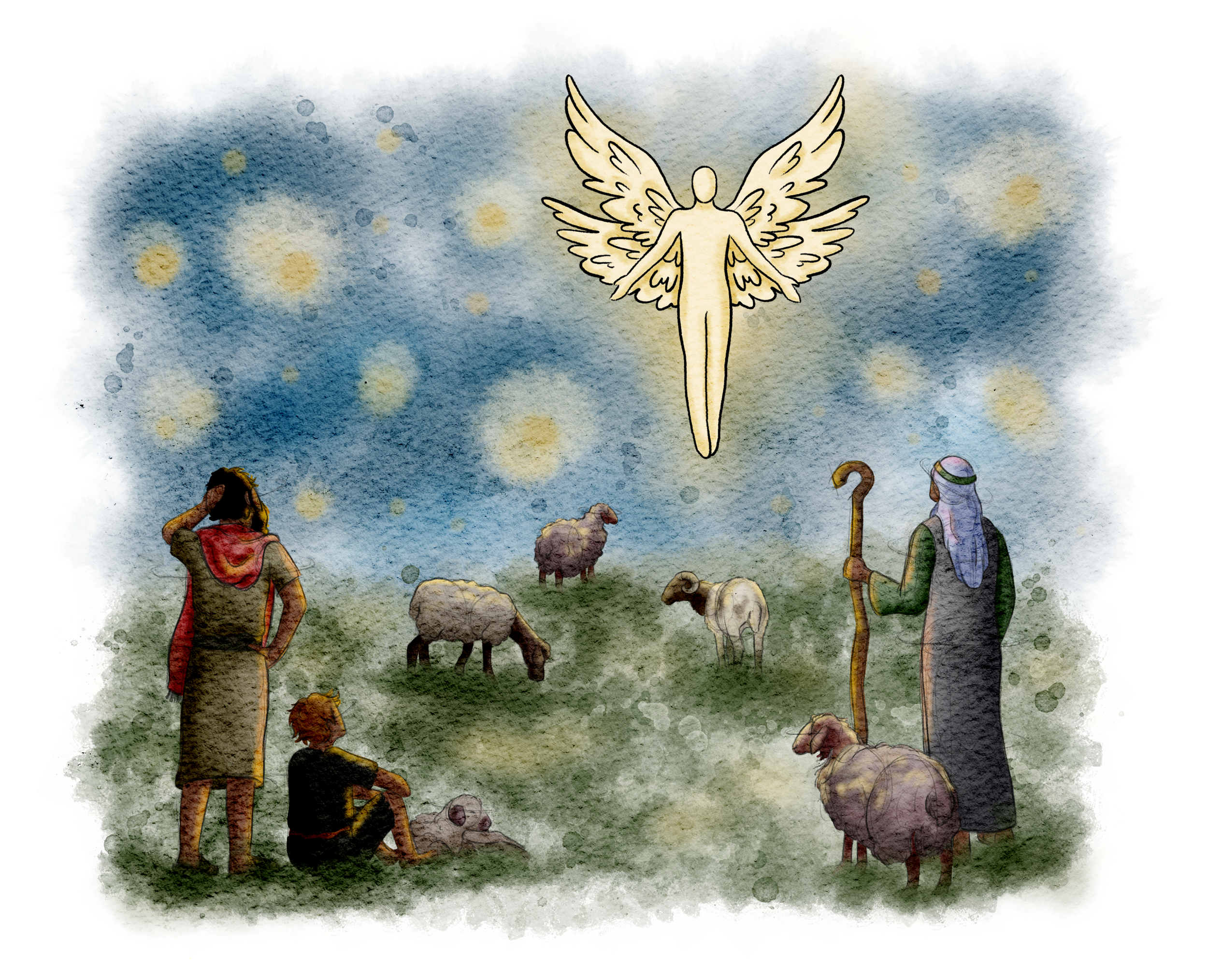 The Burns Creative, 40 Acts of Scripture, Watercolor, Bible Illustration, Scripture, Angels Appear to Shepherds, Glory to God in the Highest, Christ's Birth
