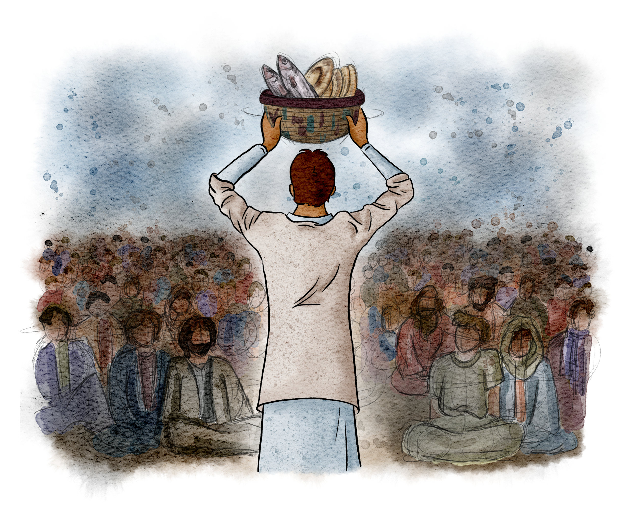 The Burns Creative, 40 Acts of Scripture, Watercolor, Bible Illustration, Scripture, Jesus Feeds the 5,000, Miracle, Provision