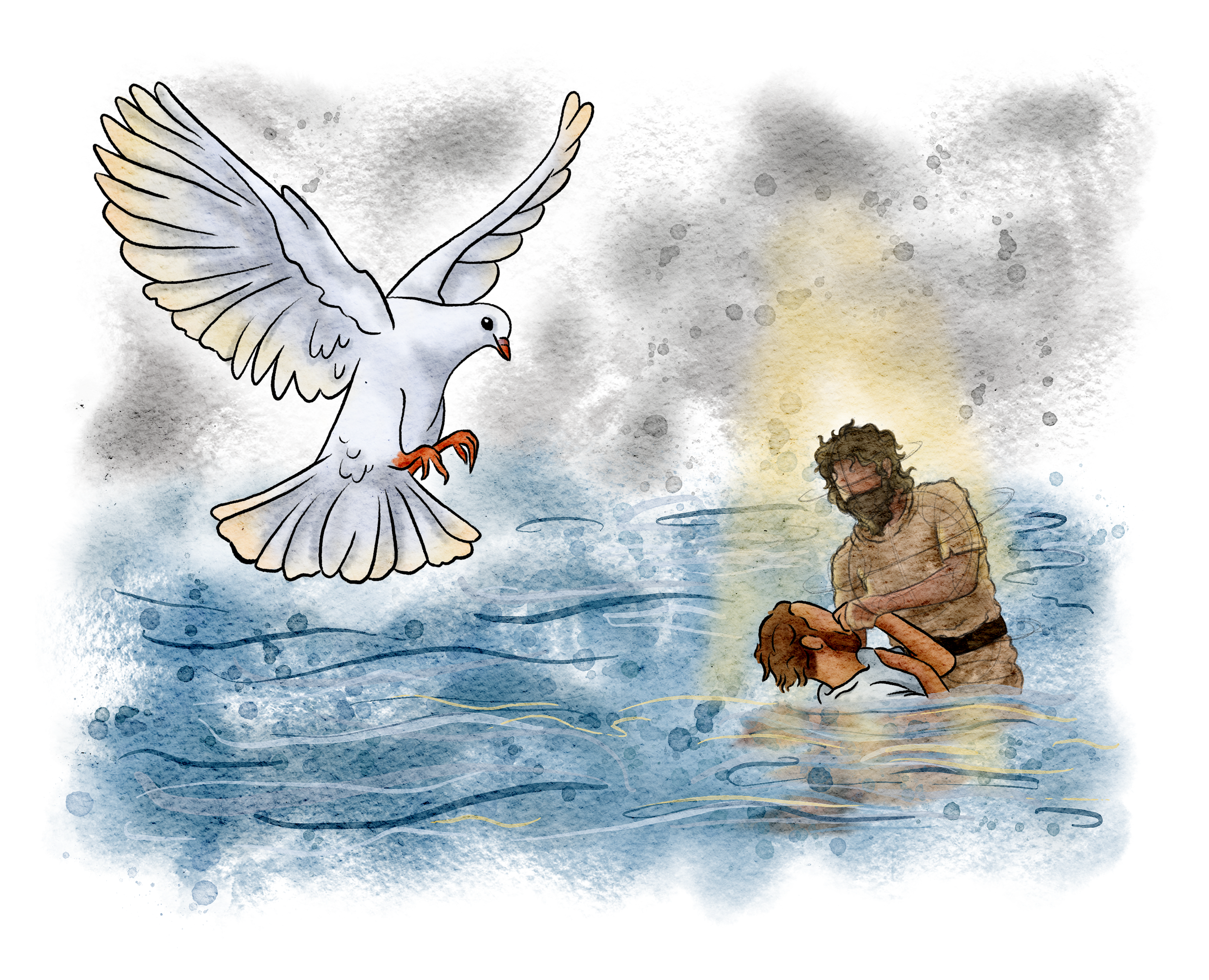 The Burns Creative, 40 Acts of Scripture, Watercolor, Bible Illustration, Scripture, John the Baptist, Jesus is Baptized, Holy Spirit, Dove