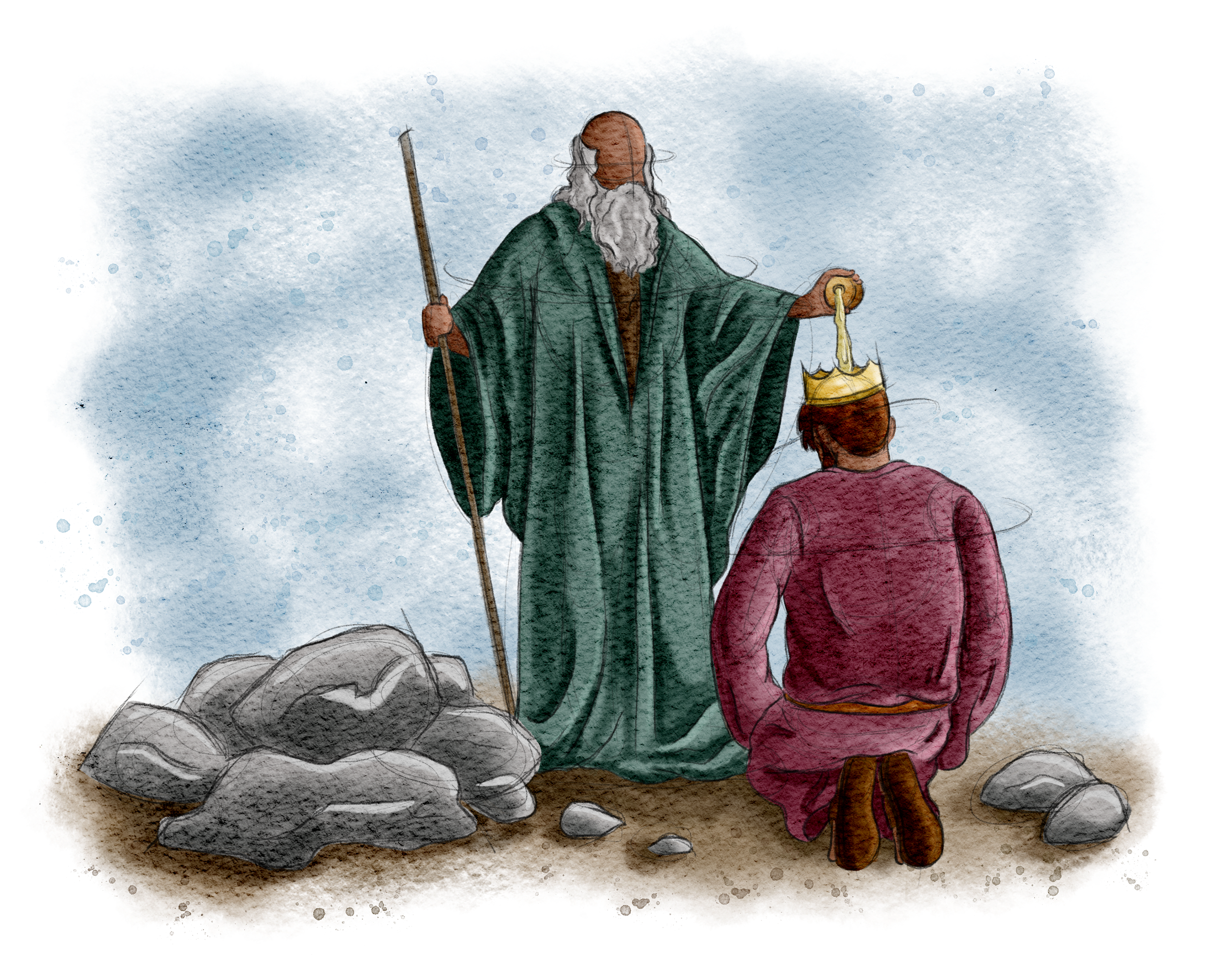 The Burns Creative, 40 Acts of Scripture, Watercolor, Bible Illustration, Scripture, Saul, King of Israel, Samuel Anoints Saul