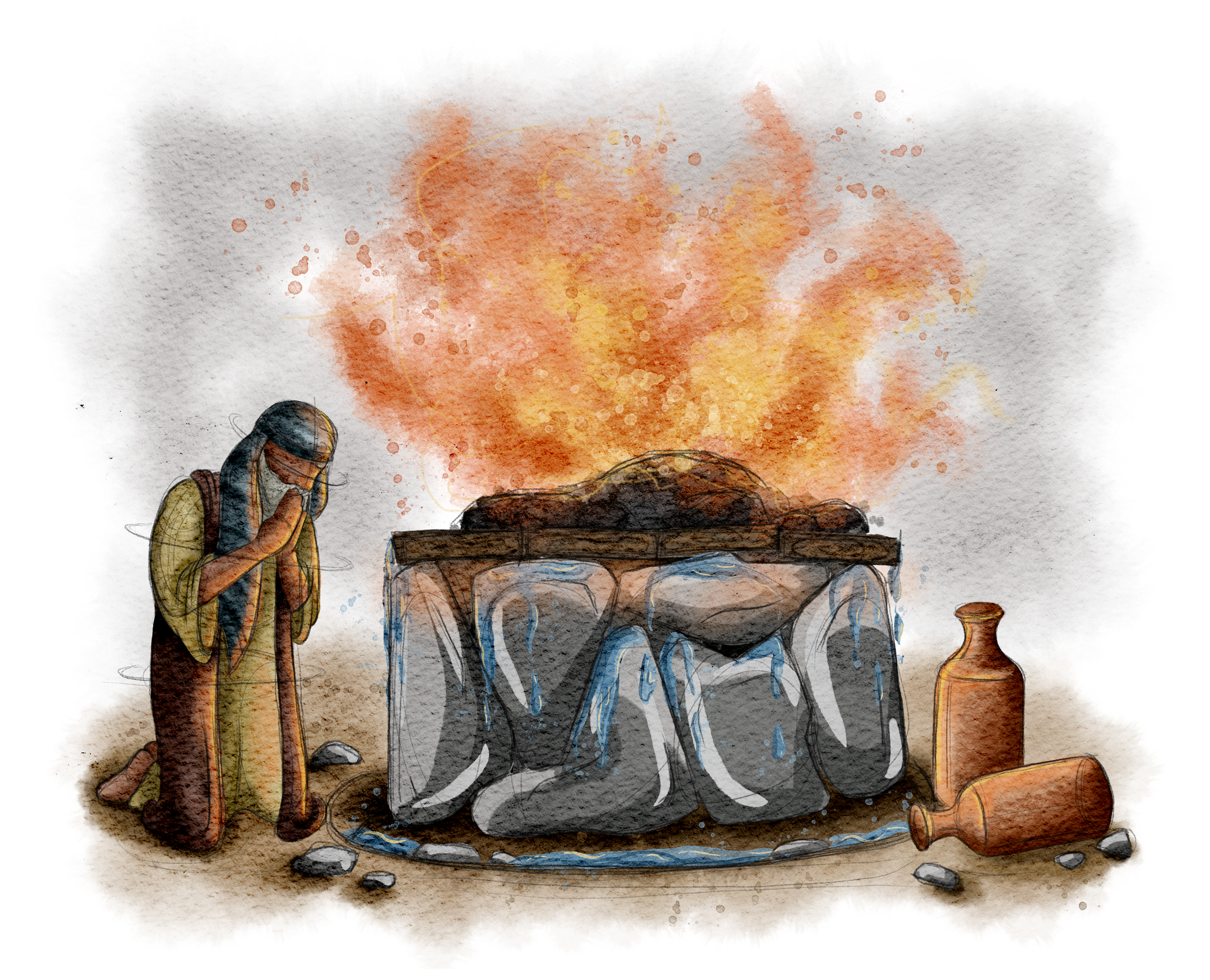 The Burns Creative, 40 Acts of Scripture, Watercolor, Bible Illustration, Scripture, Elijah the Prophet, Sacrifice to God