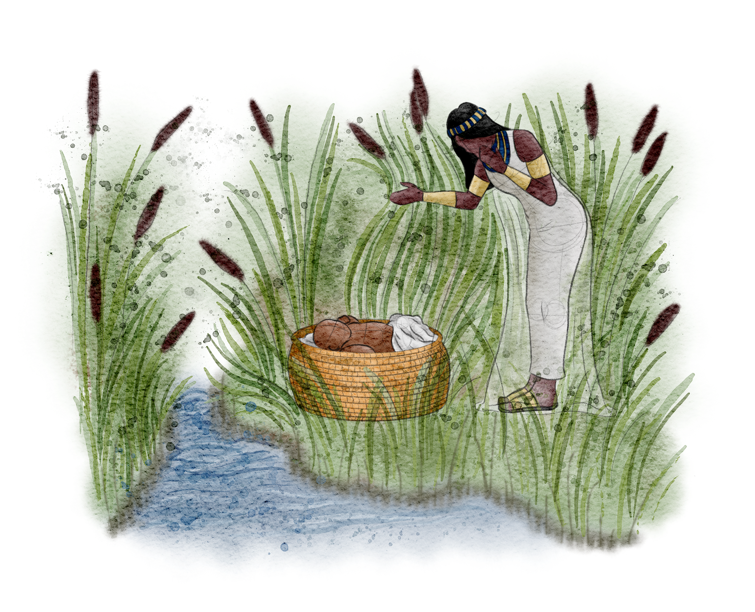 The Burns Creative, 40 Acts of Scripture, Watercolor, Bible Illustration, Scripture, Moses, Baby in Basket