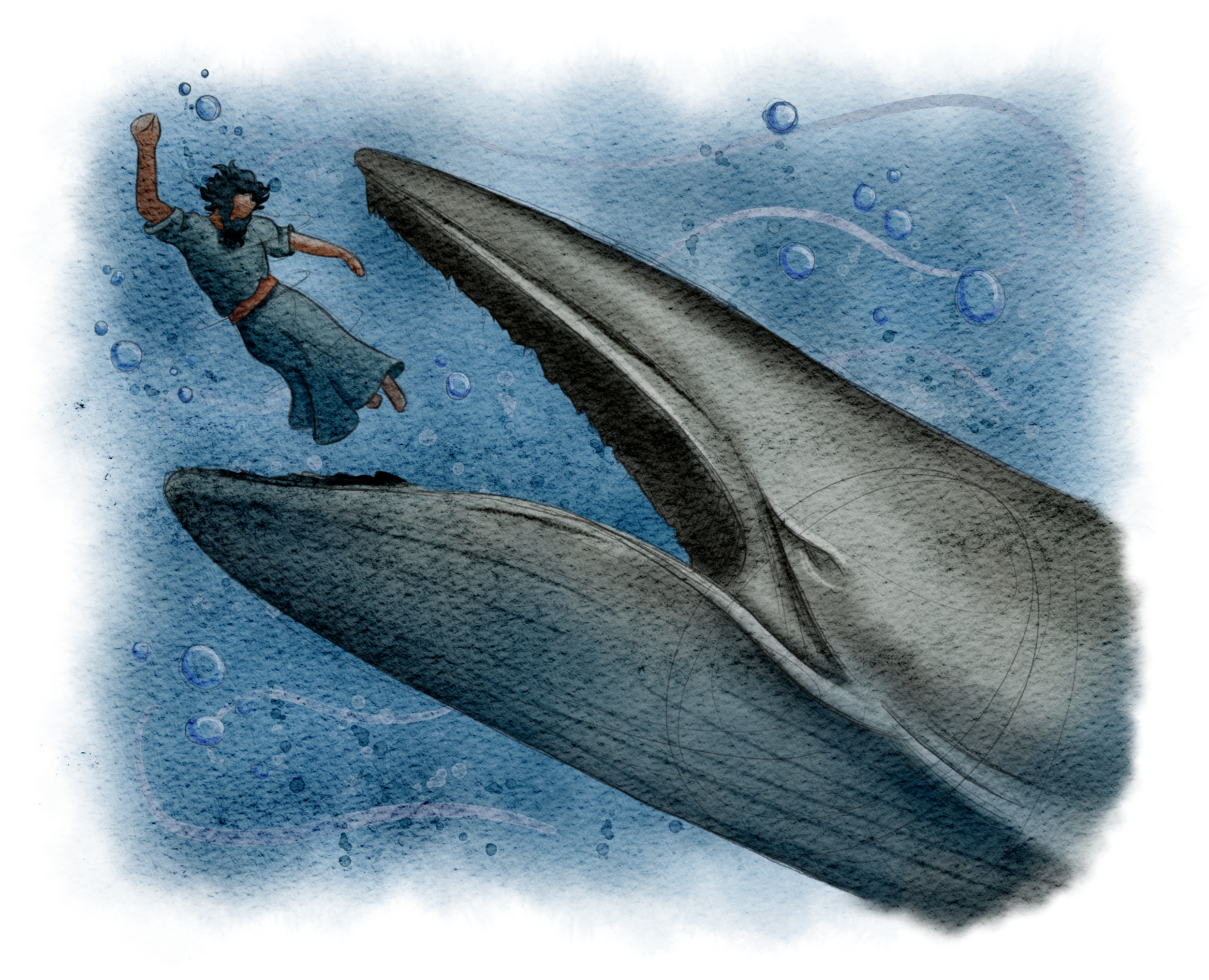 The Burns Creative, 40 Acts of Scripture, Watercolor, Bible Illustration, Scripture, Jonah, Belly of Whale, Jonah flees God
