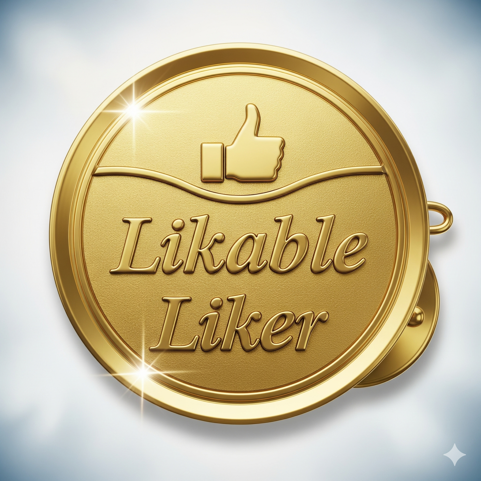 A shiny, gold, circular "Likable Liker" badge with a thumbs-up icon in the center.