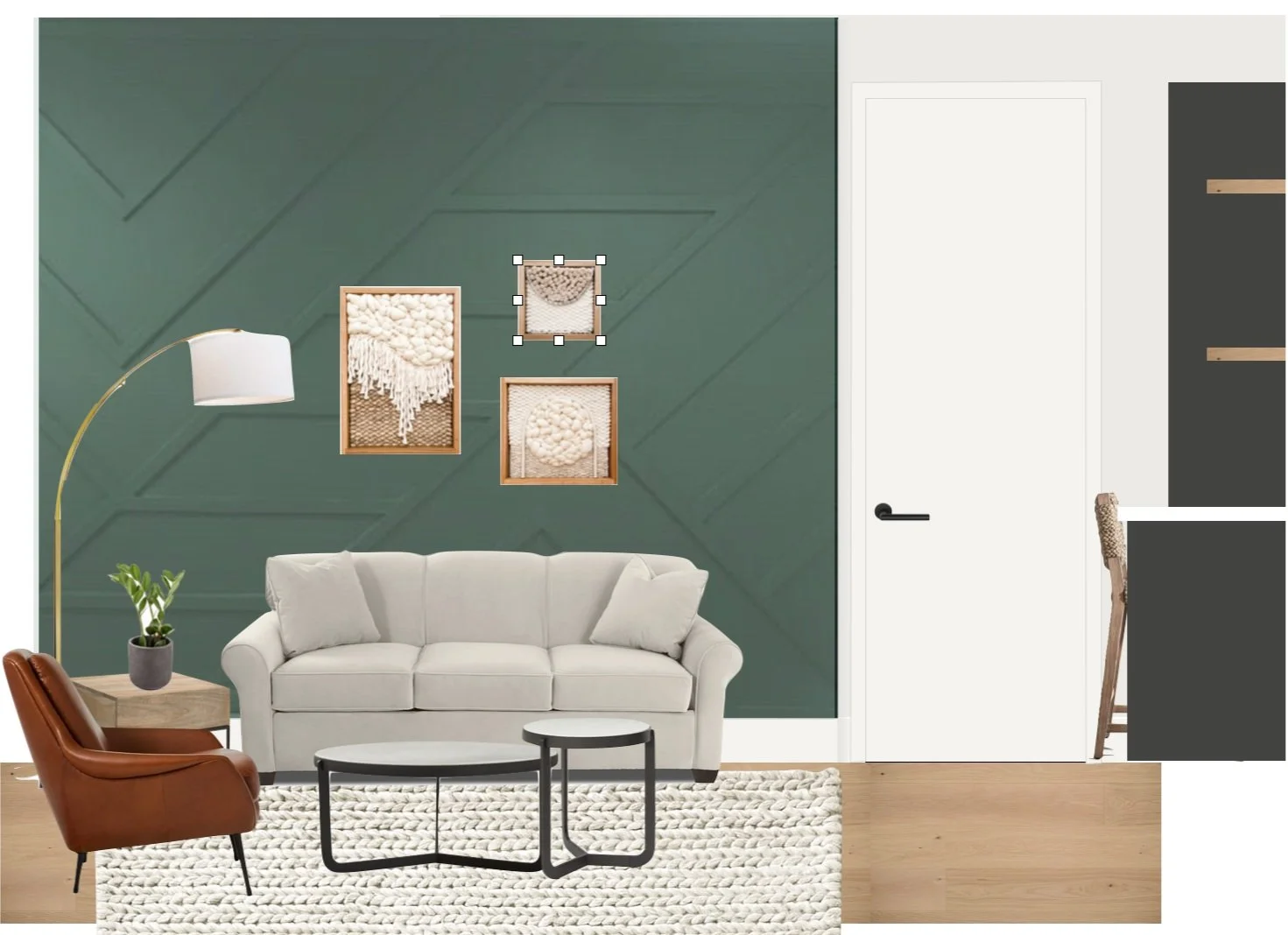 Mockup of Custom Framed Weavings by FIBROUS for Guesthouse Living Area
