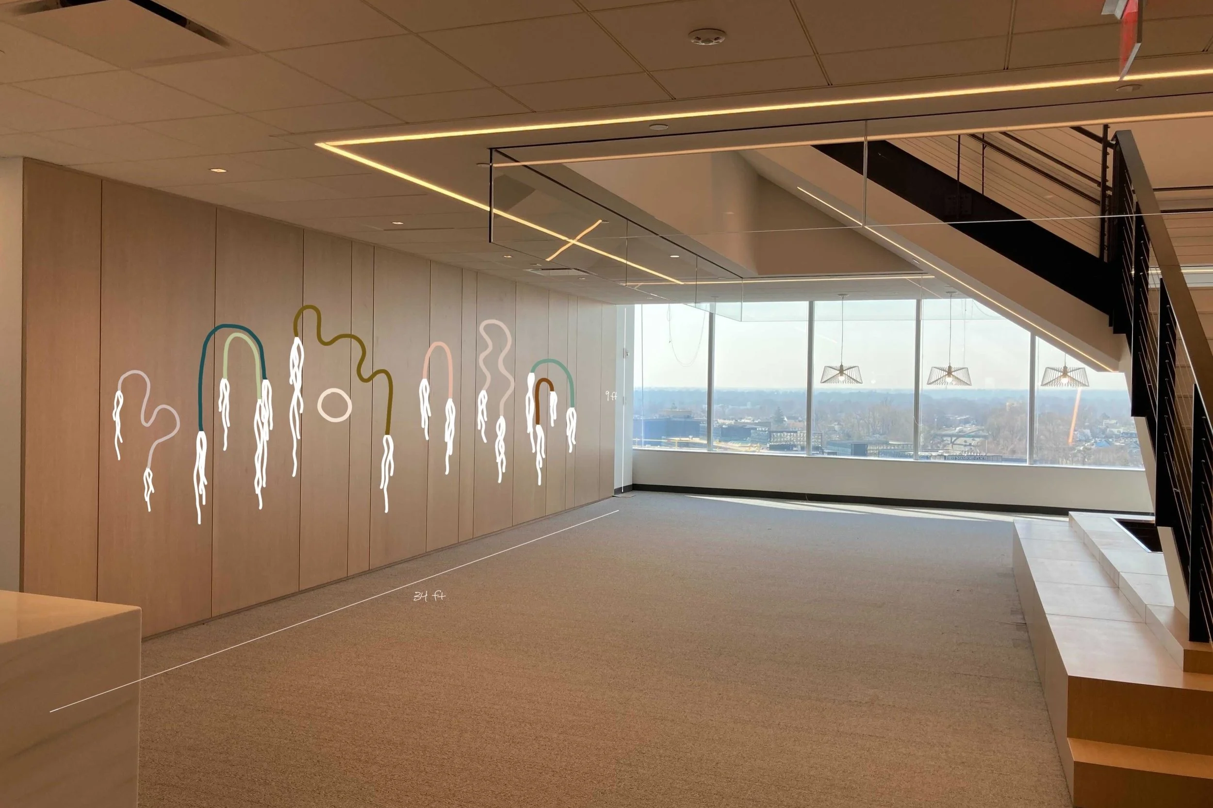 In-Progress Mockup of Wrapped Fiber Wall Sculptures by FIBROUS for Charter Communications Headquarters