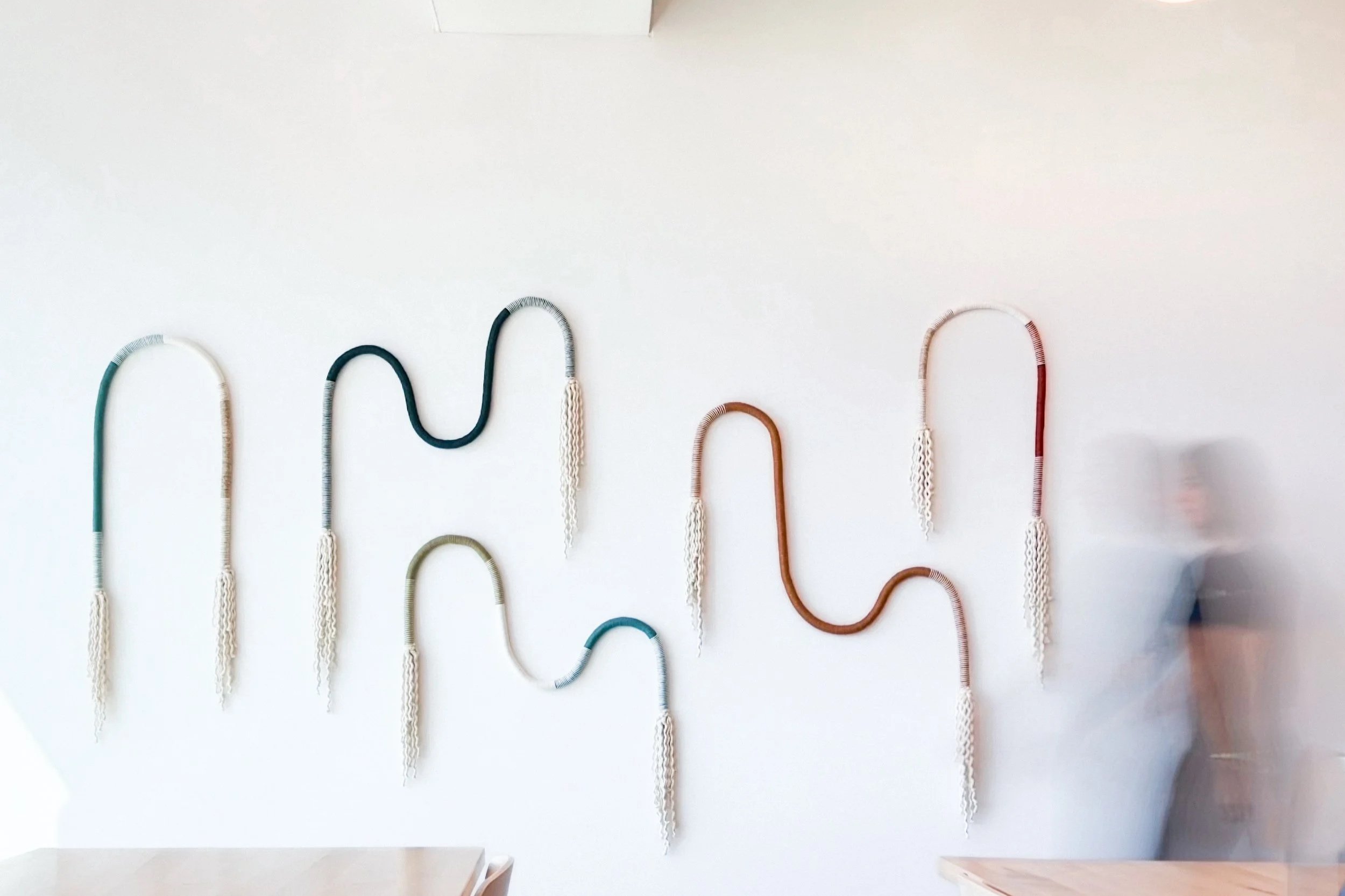 Sculptural fiber art wall doodles flexible bendable rope commercial offices Austin