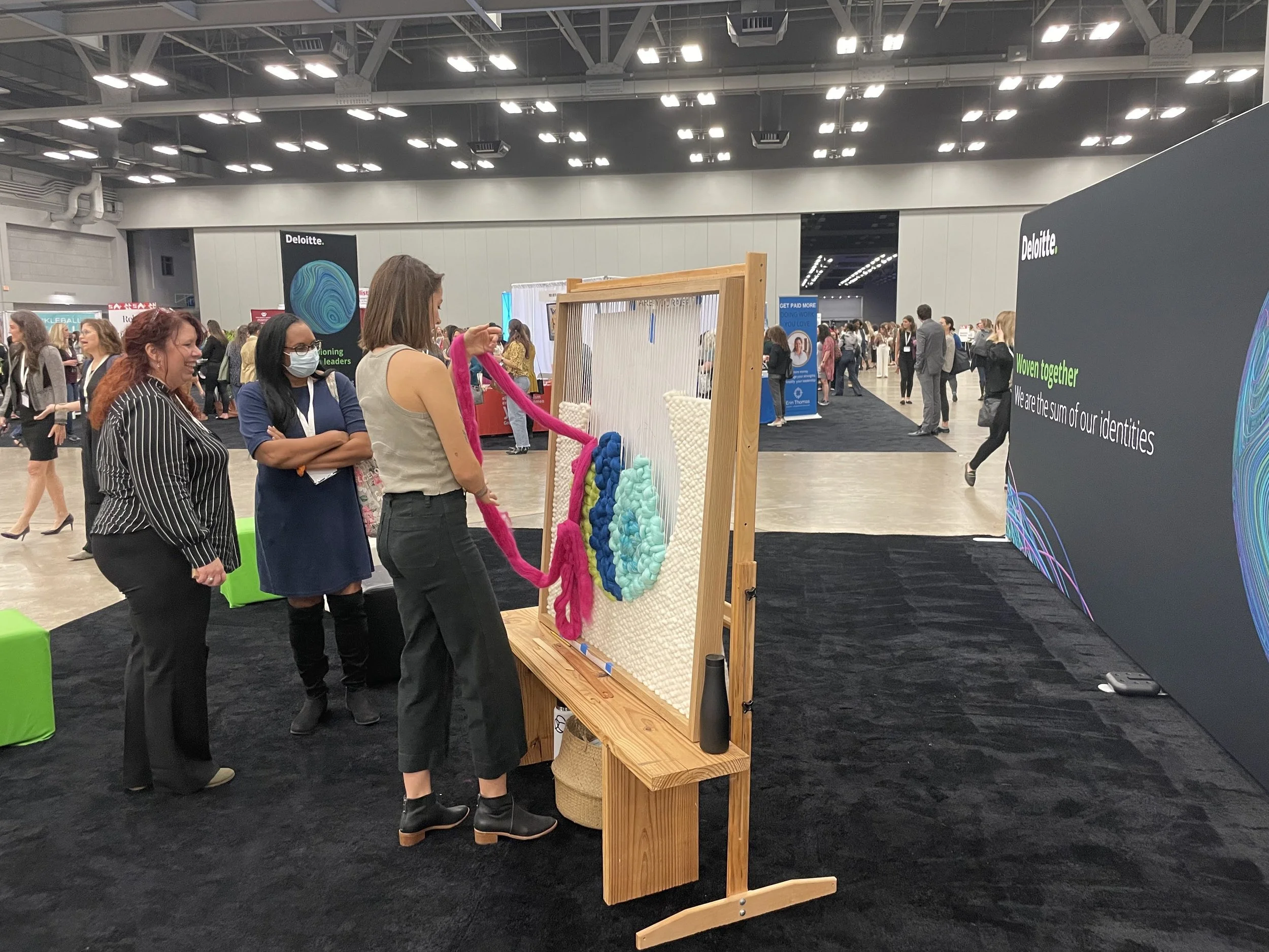 In-Progress Custom Wooden Framed Weaving by FIBROUS for Deloitte Woven Together at Texas Women's Conference in Austin, TX