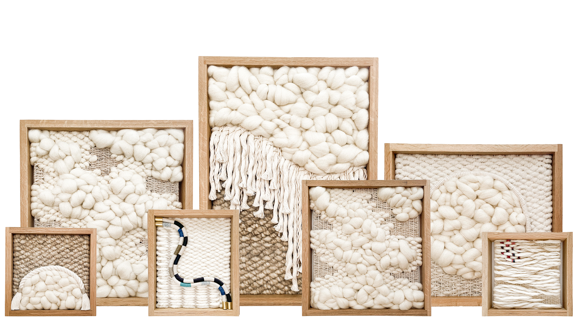 Framed Handwoven wall art collection by FIBROUS white oak natural textural fibers wool cotton hemp linen brass