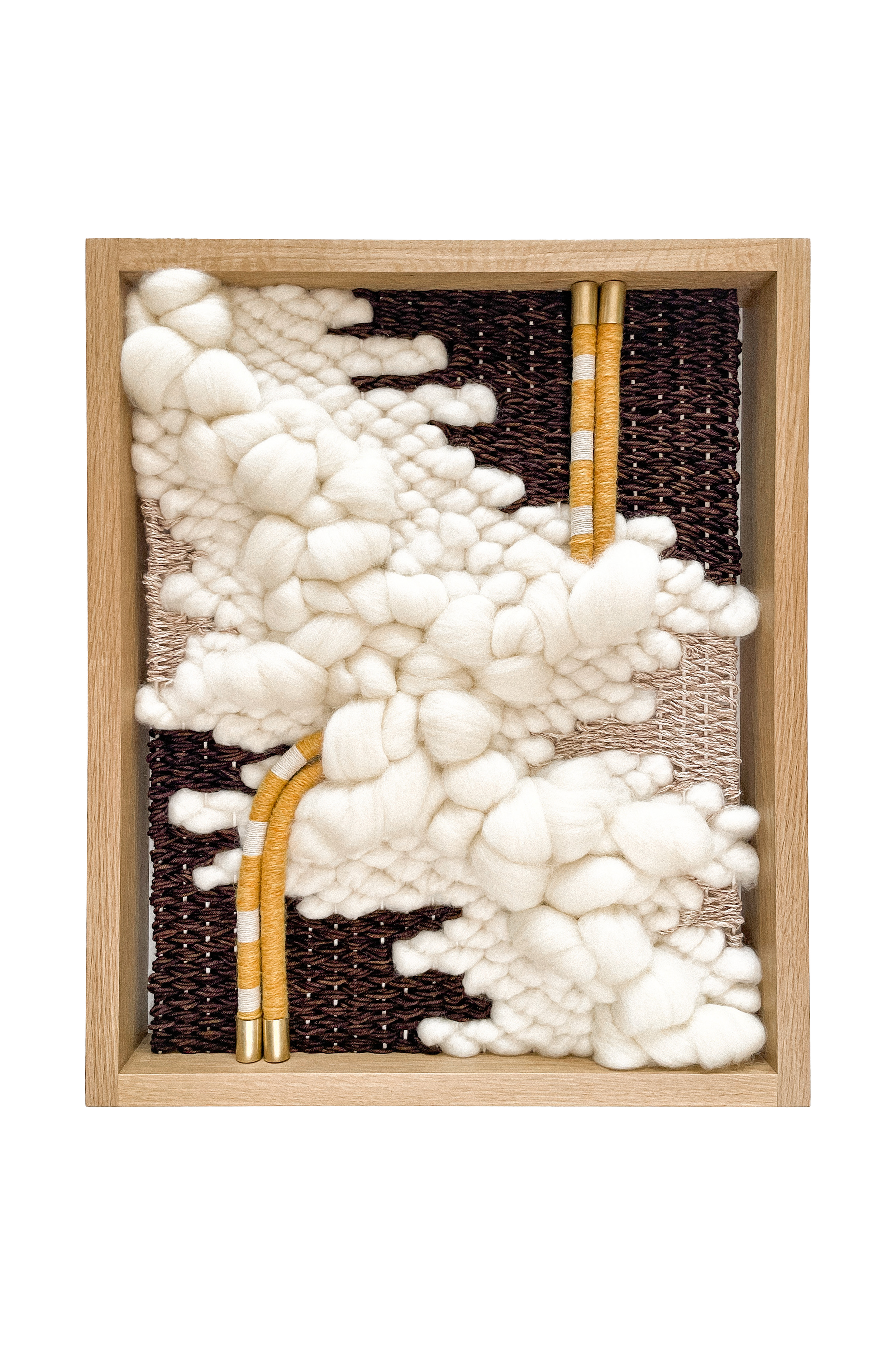 Handwoven white oak framed art collection by FIBROUS natural fibers wool cotton hemp linen brass