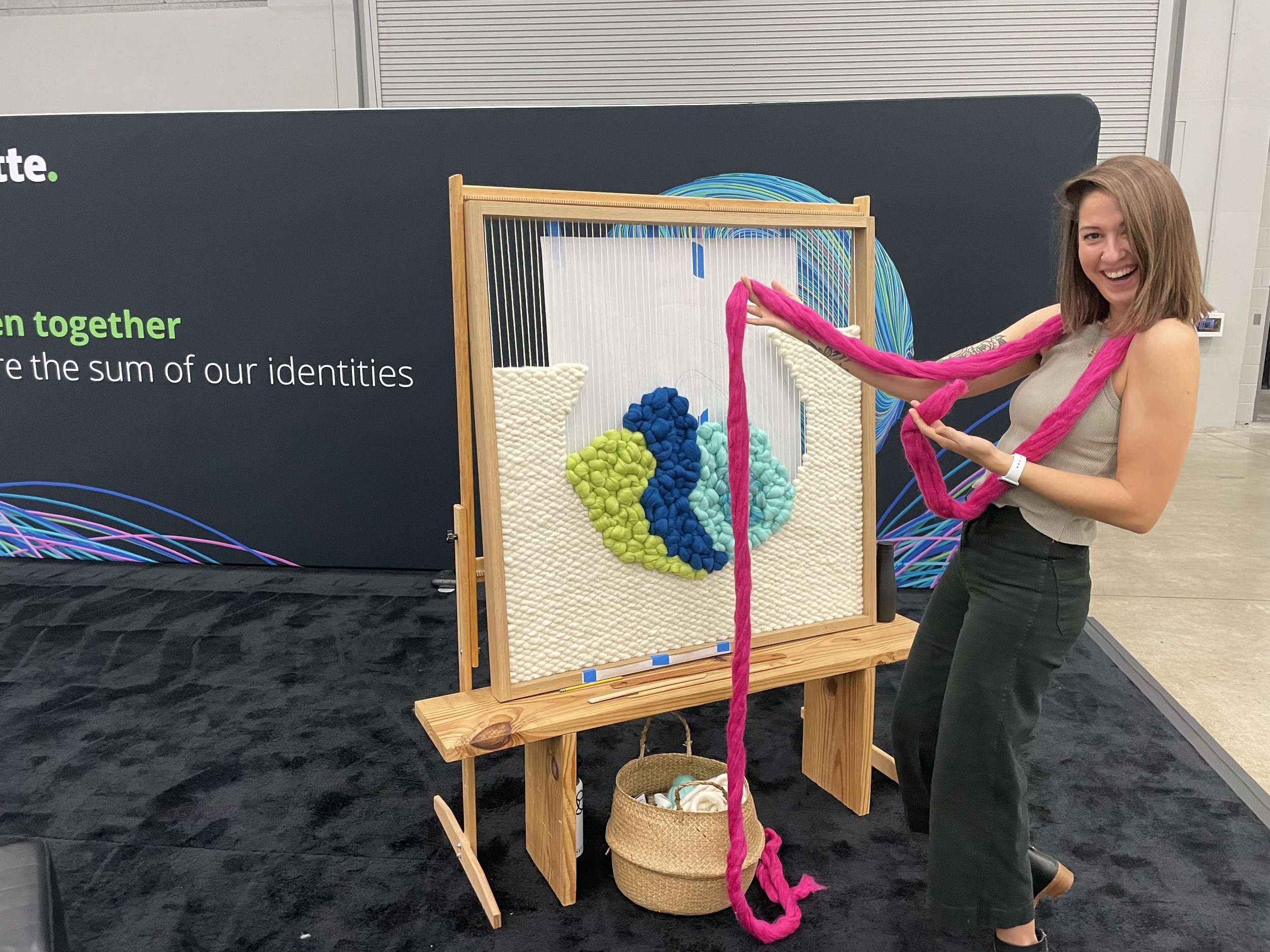 In-Progress Custom Wooden Framed Weaving by FIBROUS for Deloitte Woven Together at Texas Women's Conference in Austin, TX