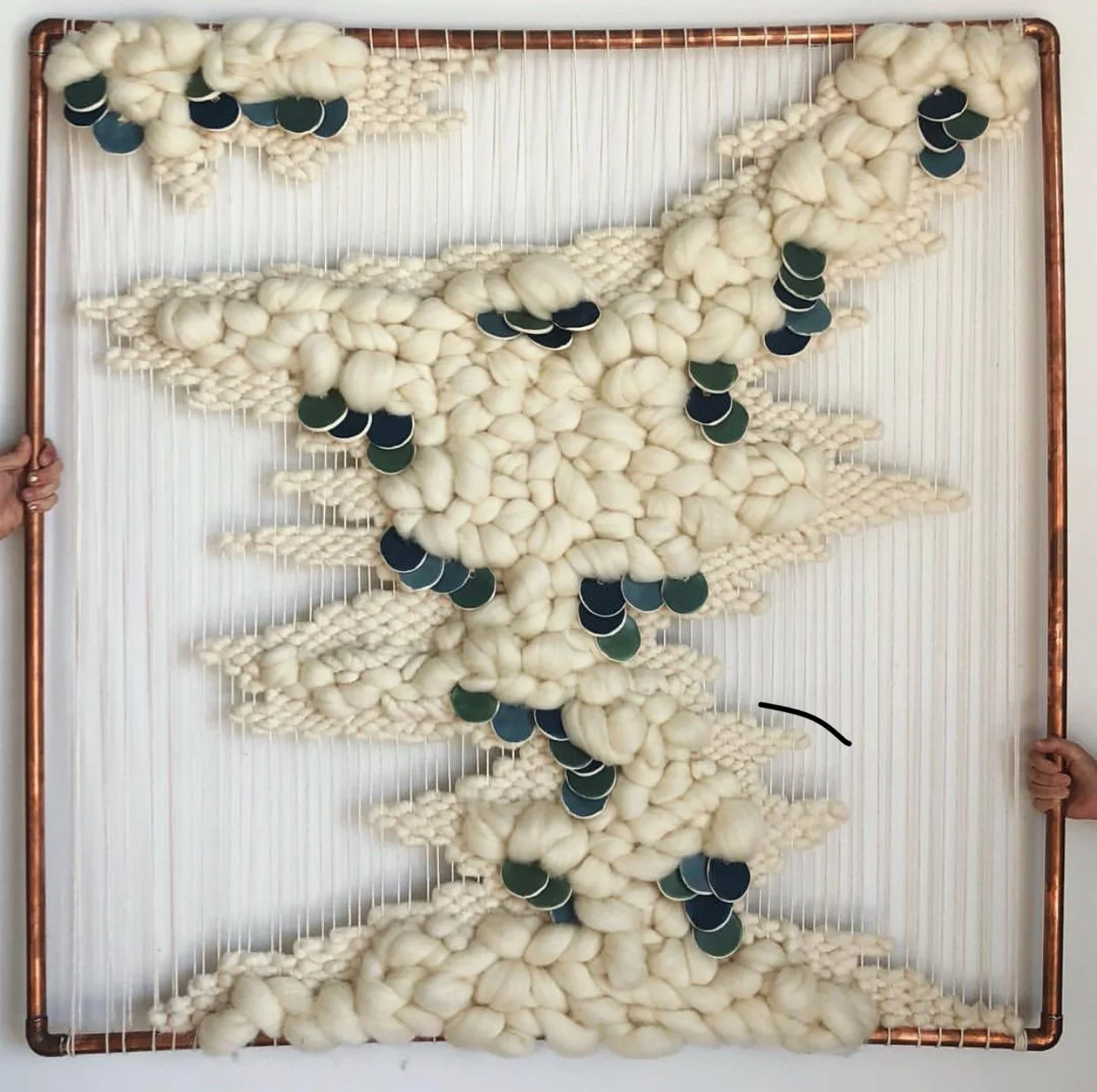 Custom Copper Framed Weavings by FIBROUS with Ceramic Scalloped Detail