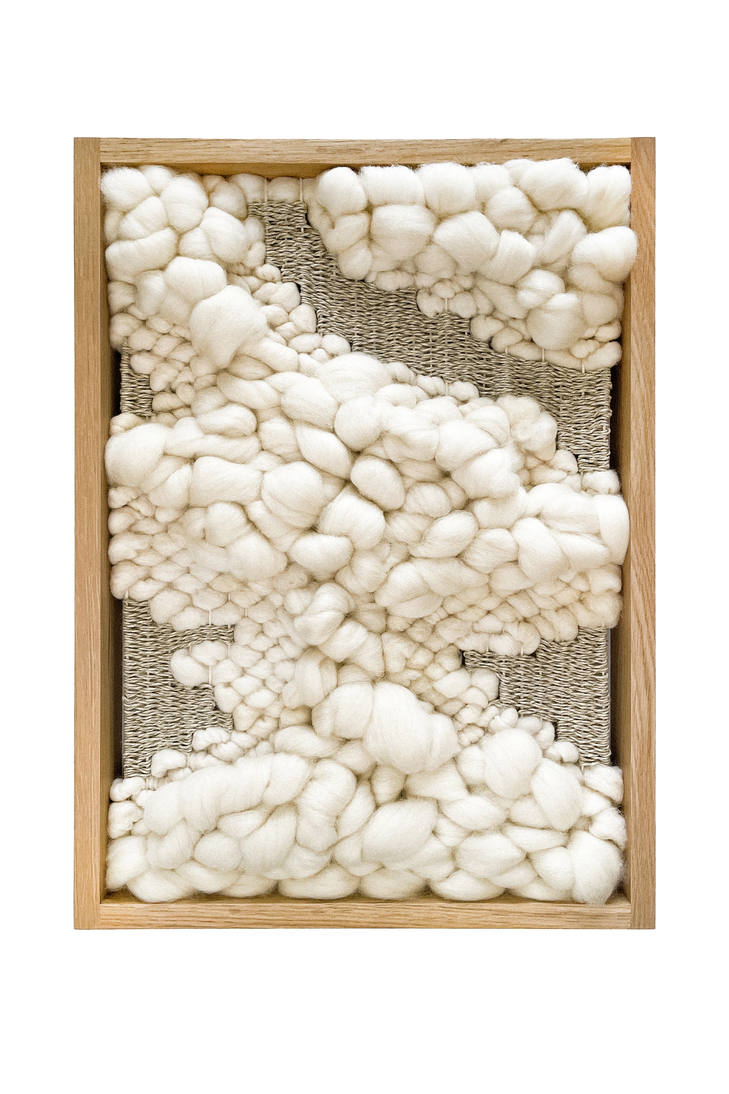 Handwoven white oak framed art collection by FIBROUS cloud texture natural fibers wool cotton hemp linen