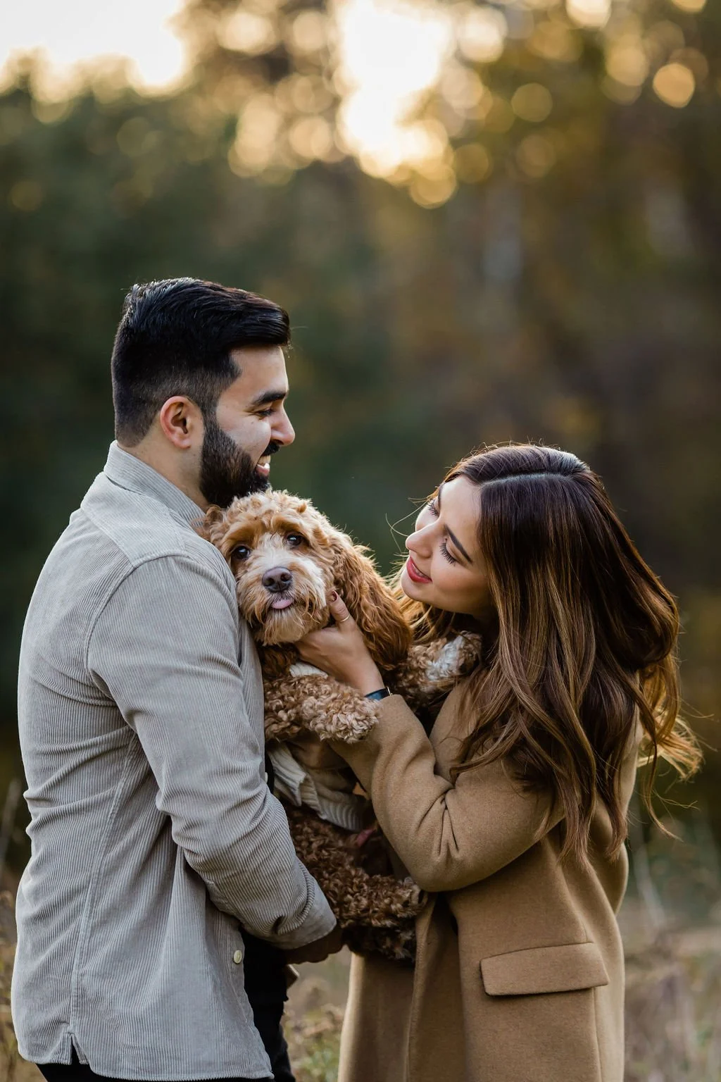 A smiling man and woman holding a cuddly brown dog outdoors during sunset.