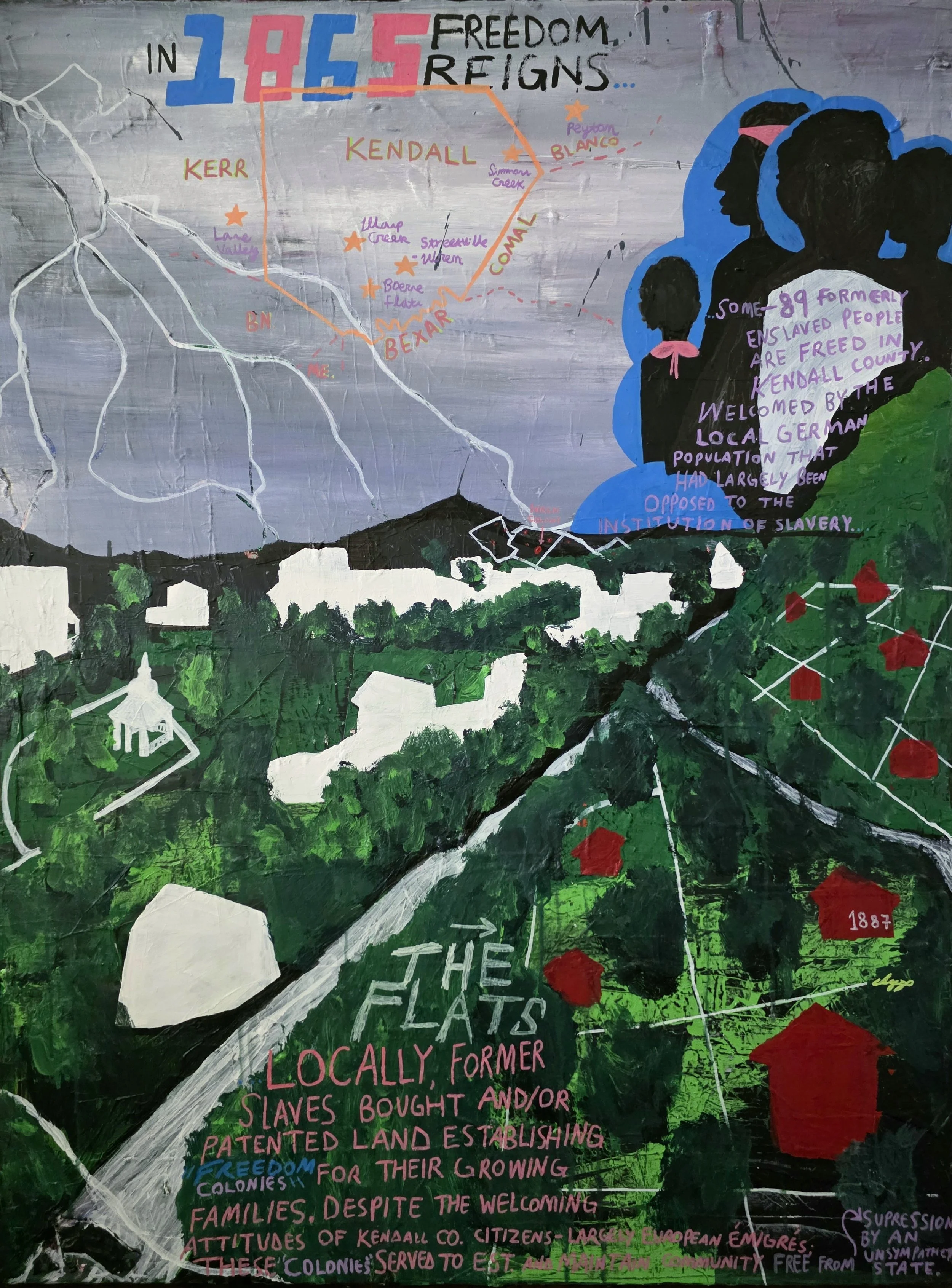 "The Freedom Colonies"/
Acrylic and Oil on Canvas/
30 in x 40 in/
2026/ Patrick Heath Public Library- No Blank Canvas Project