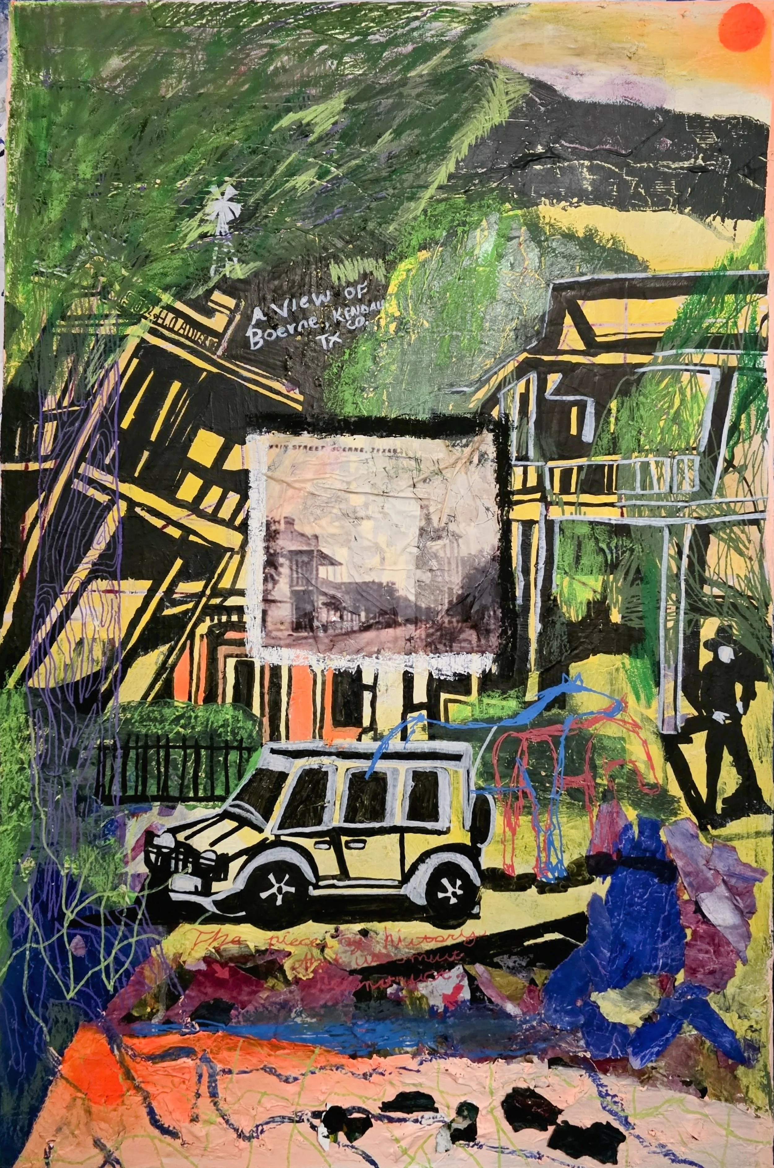 "Living, Progressing With Our History"/
Acrylic, Oil and Vinyl Image Transfer on Canvas/
24 in x 36 in/
2026/ Patrick Heath Public Library- No Blank Canvas Project