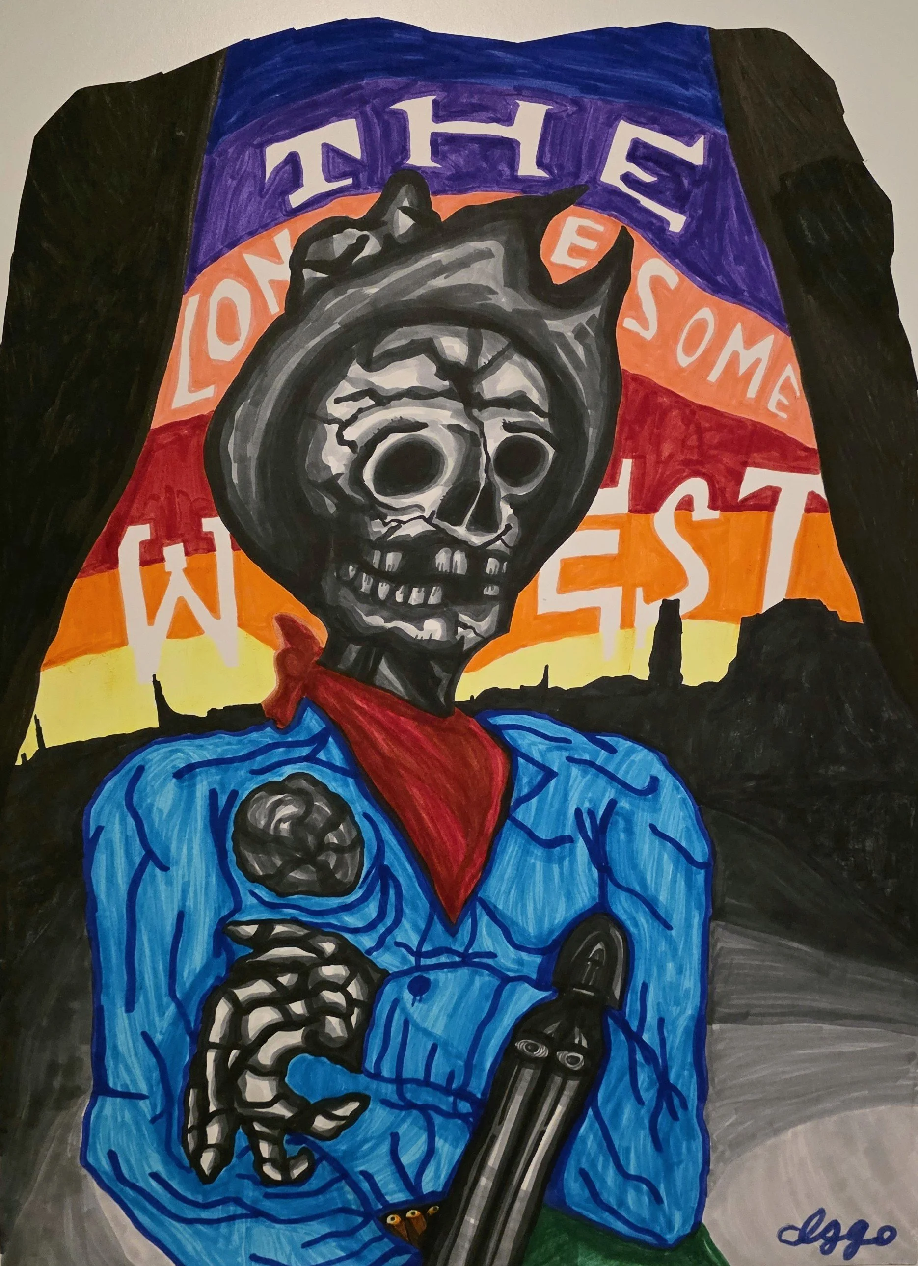 "Lone Resident of a Ghost Town-West"/
Marker on Paper/
18 in x 22 in/
2026
