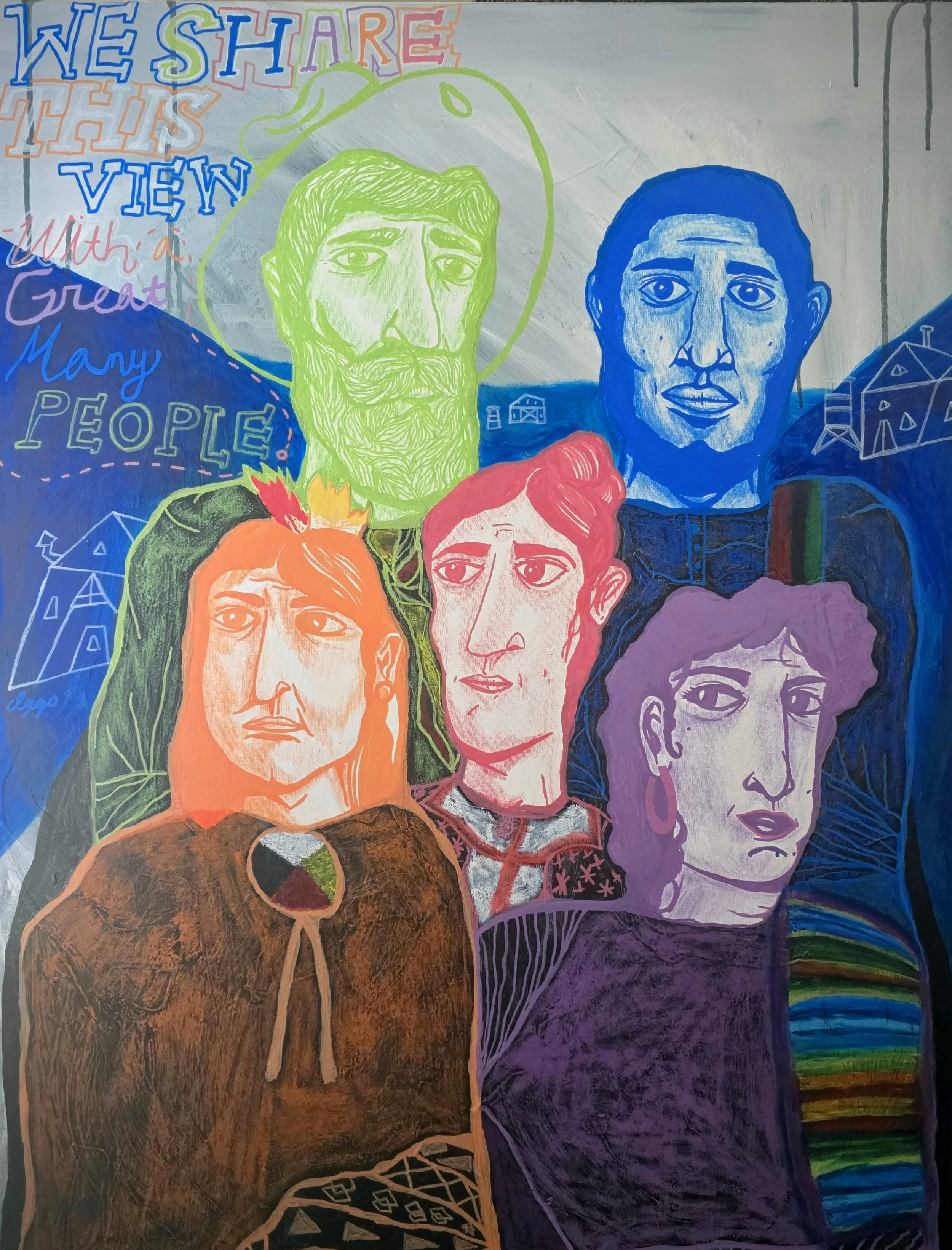 "A Great Many Faces Have Seen the Beauty of This Land"/
Acrylic, Oil Pastel, and Colored Pencil on Canvas/
30 in x 40 in/
2026/ Patrick Heath Public Library- No Blank Canvas Project