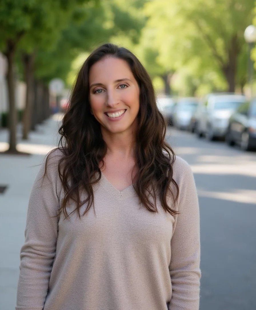 Young woman with long dark wavy hair smiling outdoors on a street lined with trees and parked cars.