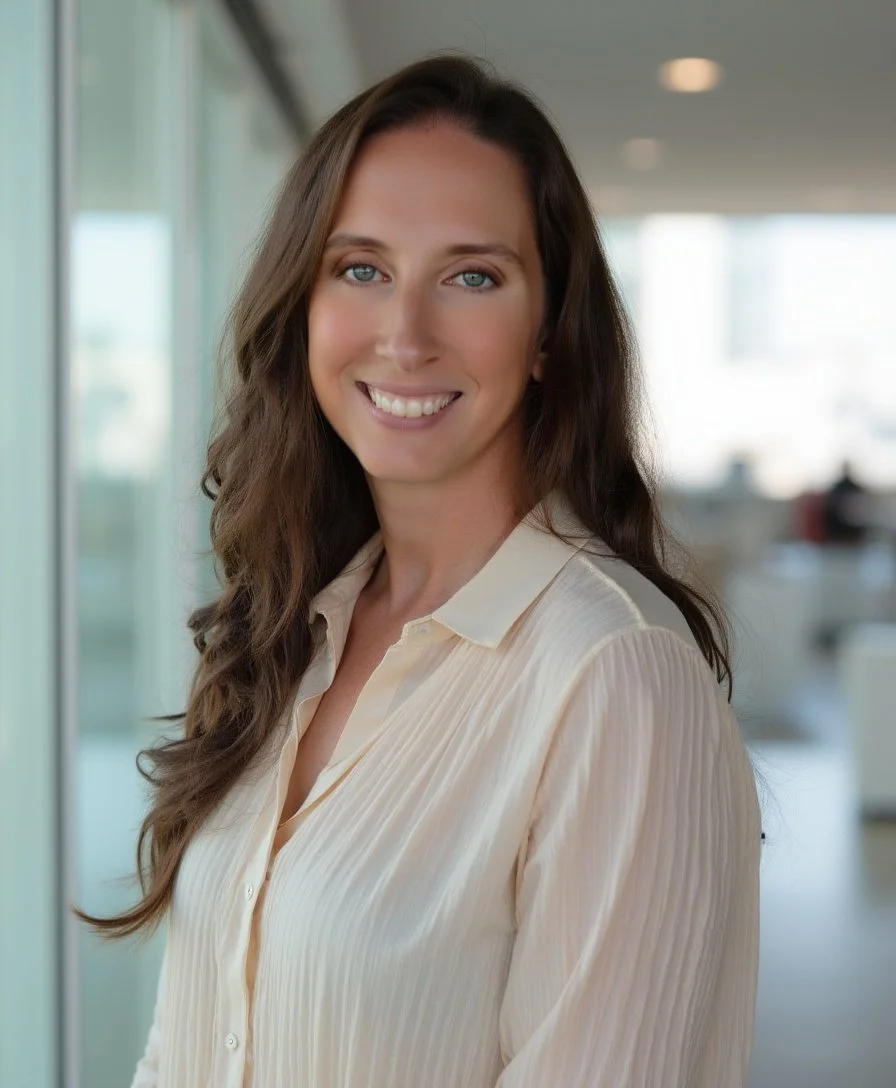 A smiling woman with long, wavy brown hair and blue eyes, wearing a cream-colored blouse, standing indoors with blurred background of an office setting.