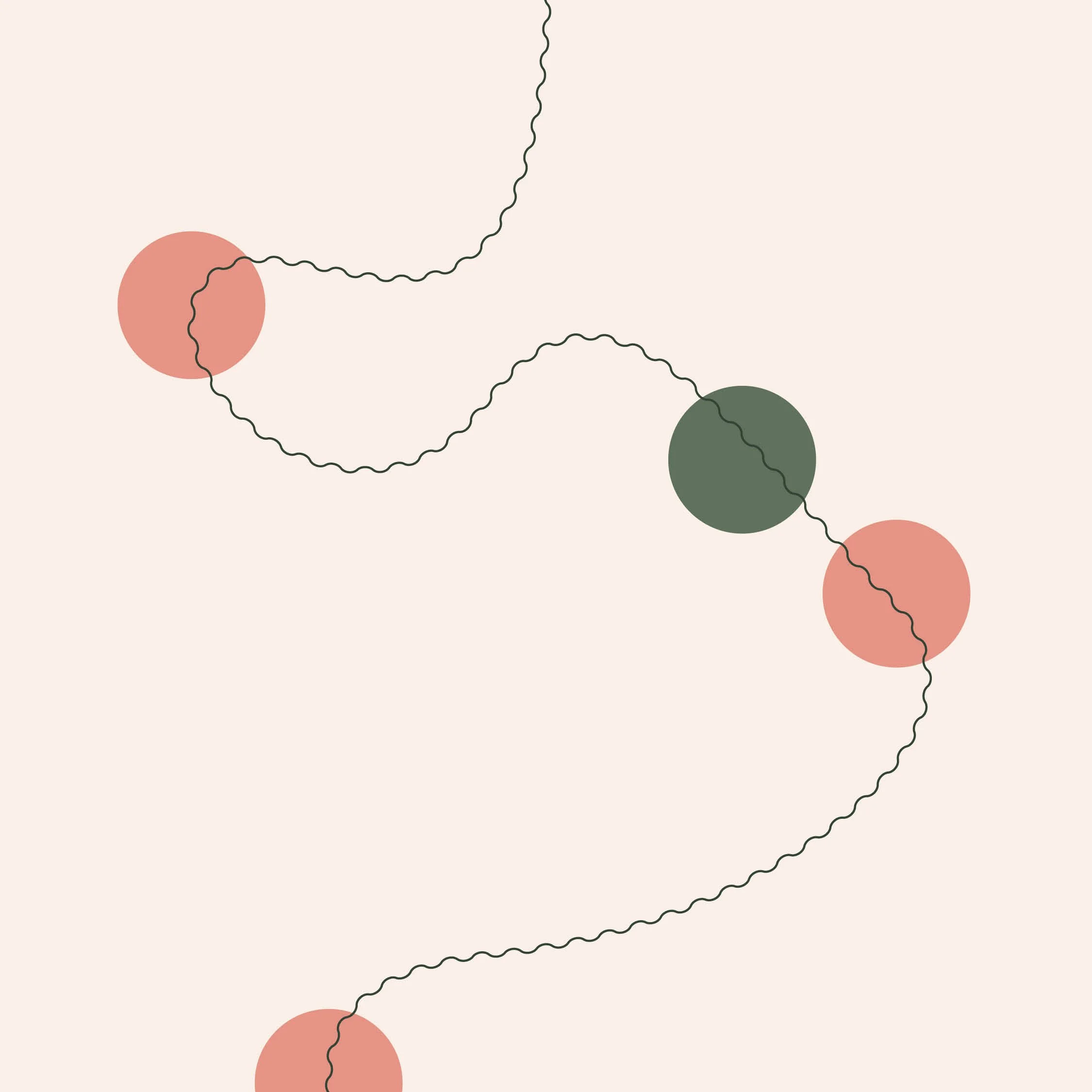 three pink circles and one olive green circle all connected by one wiggly bending line