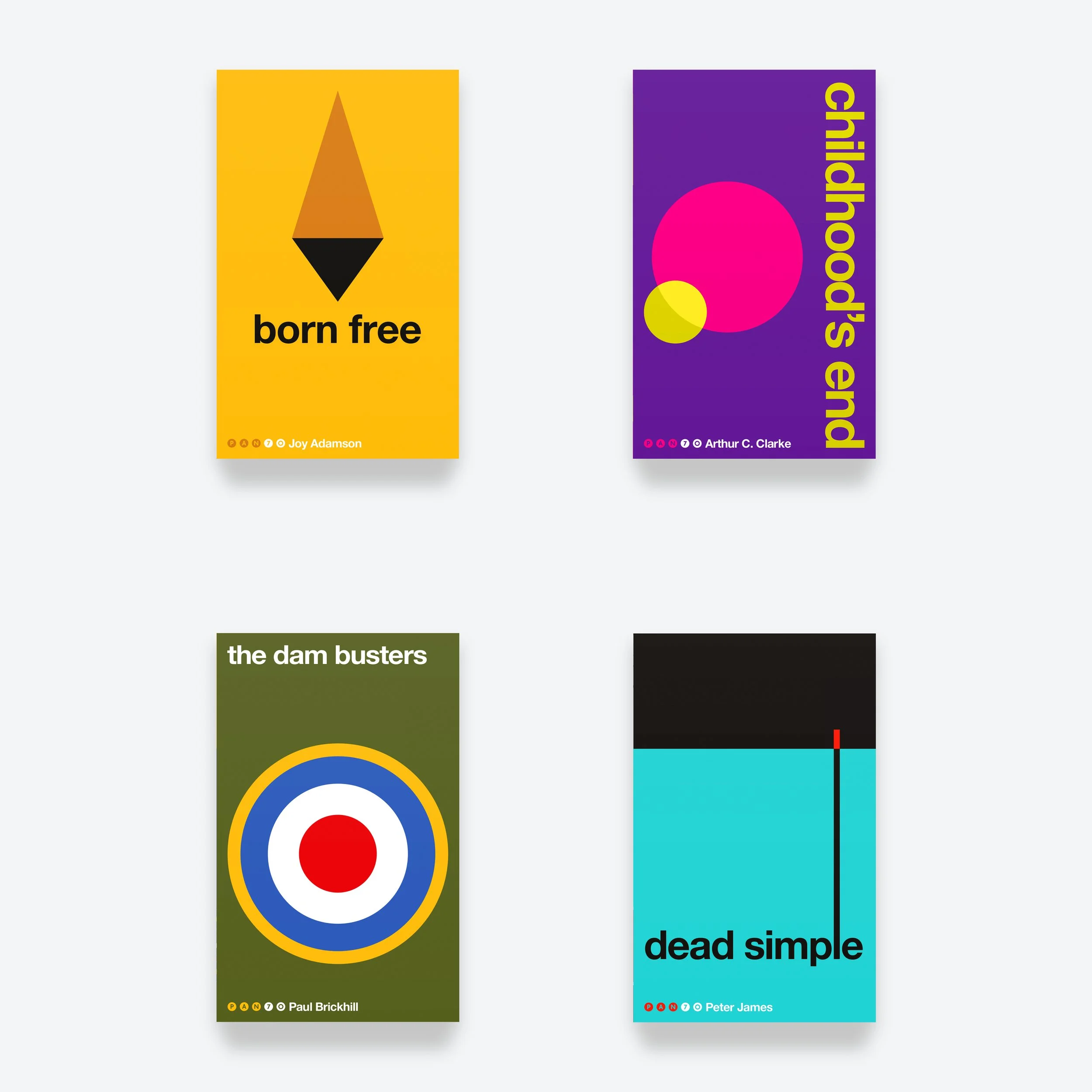 Four book covers. A mustard one with a lion's nose for Born Free, a purple one with a magenta circle and a yellow circle overlapping for Childhood's End. An olive green one with a bullseye target for Dam Busters