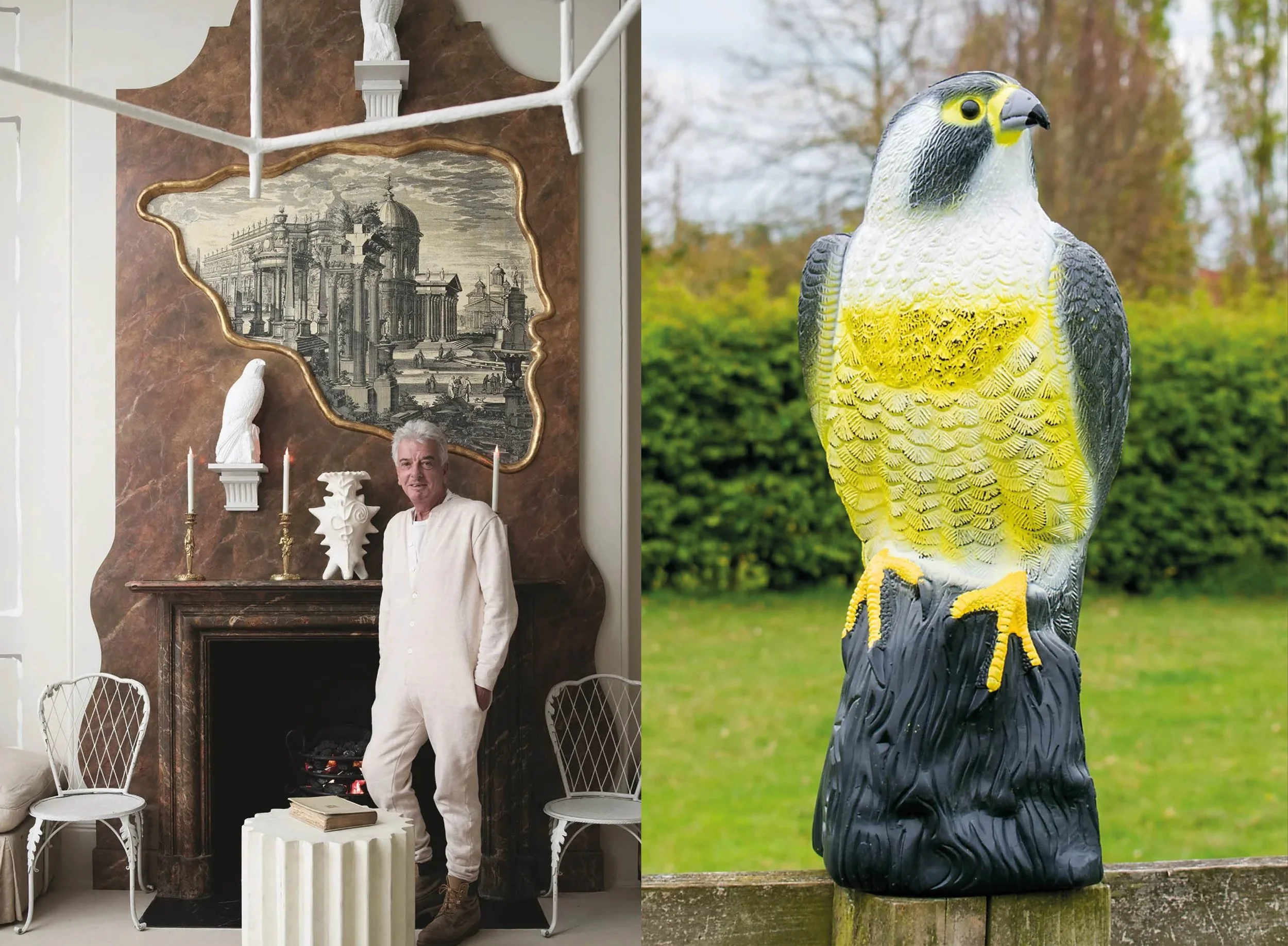 Two images. The one on the left is of a white older man standing in front of a brown marbelled fireplace. that features a white bird statuette on a pedestal. On the right is a obviously plastic hawk on a fence outdoors to scare away other birds.