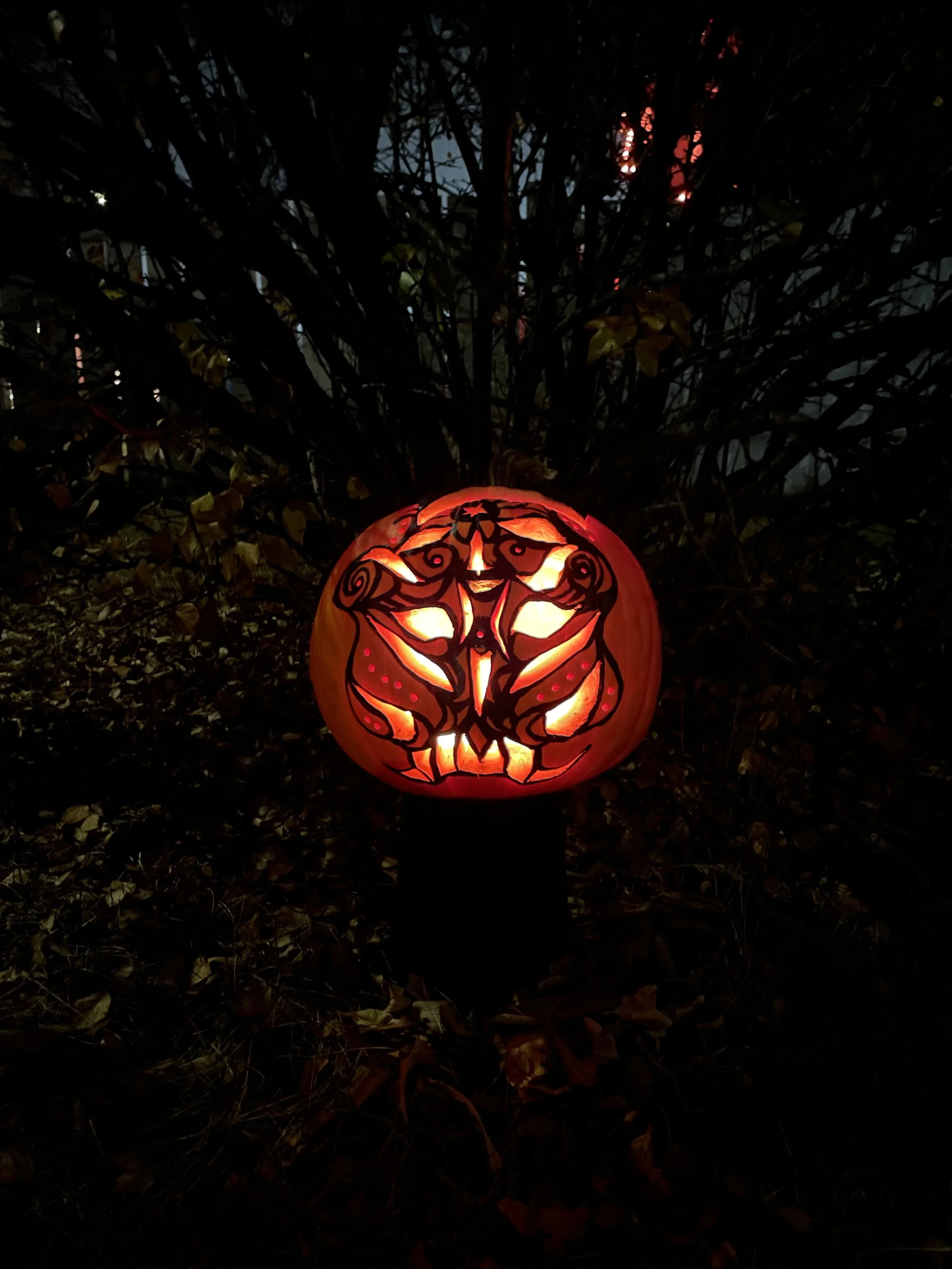 A photo of a carved pumpkin in the dark. Inside it is illuminated. It has been painted with black paint to reference the mask from the book Silver flames. It looks a tiger and there are cutout and ornamental dots making up the face