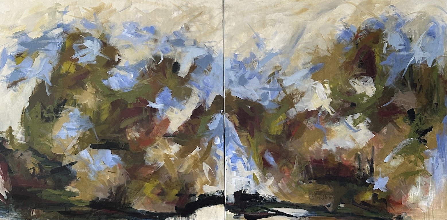 Picnic in a Blue Dress-2023-Acrylic on Canvas-36" x 72"(Diptych)