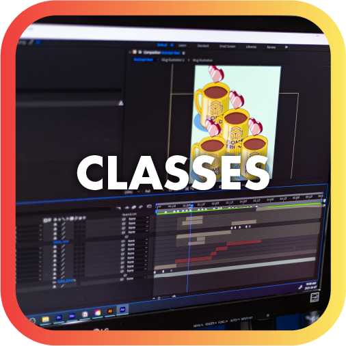 Computer screen displaying video editing software with a graphic of three coffee mugs with pink and white straws and the word 'CLASSES' overlaid.