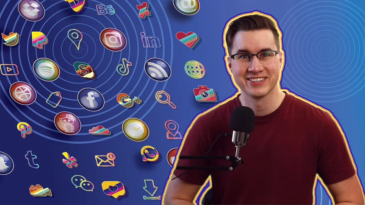 A smiling man with glasses sitting in front of a microphone, with social media app icons and logos floating around him against a blue background.