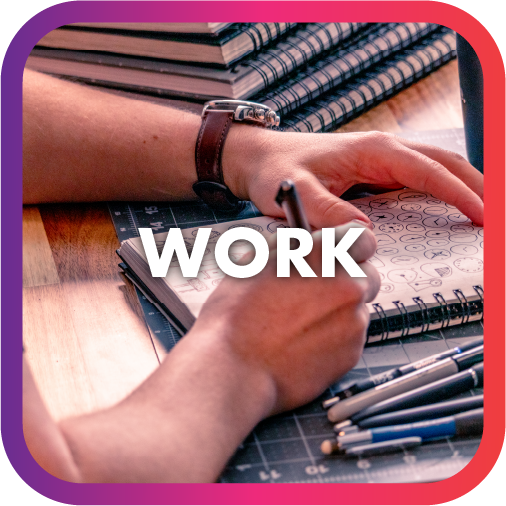 Close-up of a person's hands writing on a spiral notebook with multiple pens nearby, sitting at a wooden desk with stacked notebooks in the background, with the word 'WORK' overlaid.