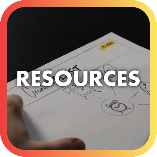 A hand holding a sheet of paper with the word 'RESOURCES' and some sketches, on a black background with rounded red and yellow borders.