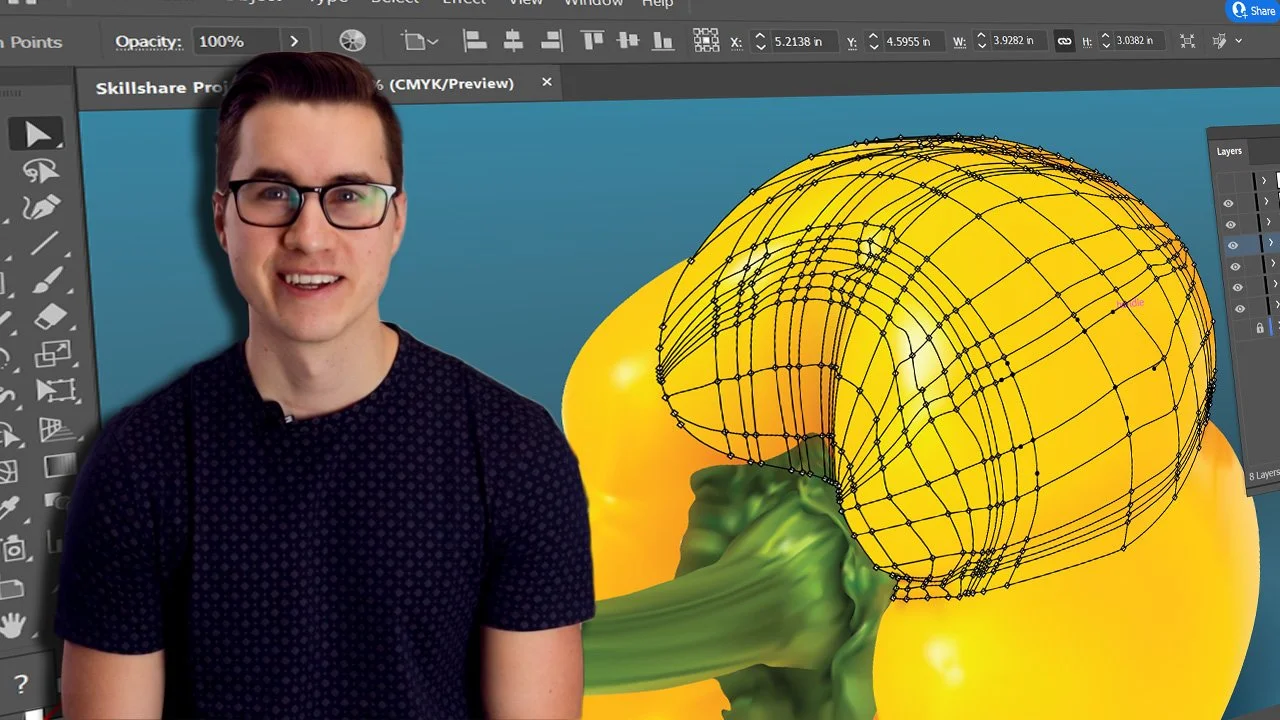 A man with glasses and a short-sleeve shirt smiling in front of a computer screen showing a 3D modeling or graphics editing software with a yellow bell pepper in the workspace.
