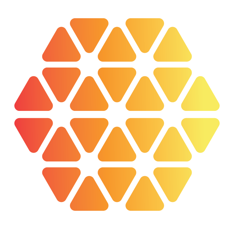 A honeycomb pattern composed of hexagons, gradually transitioning from red and orange on the left to yellow on the right.