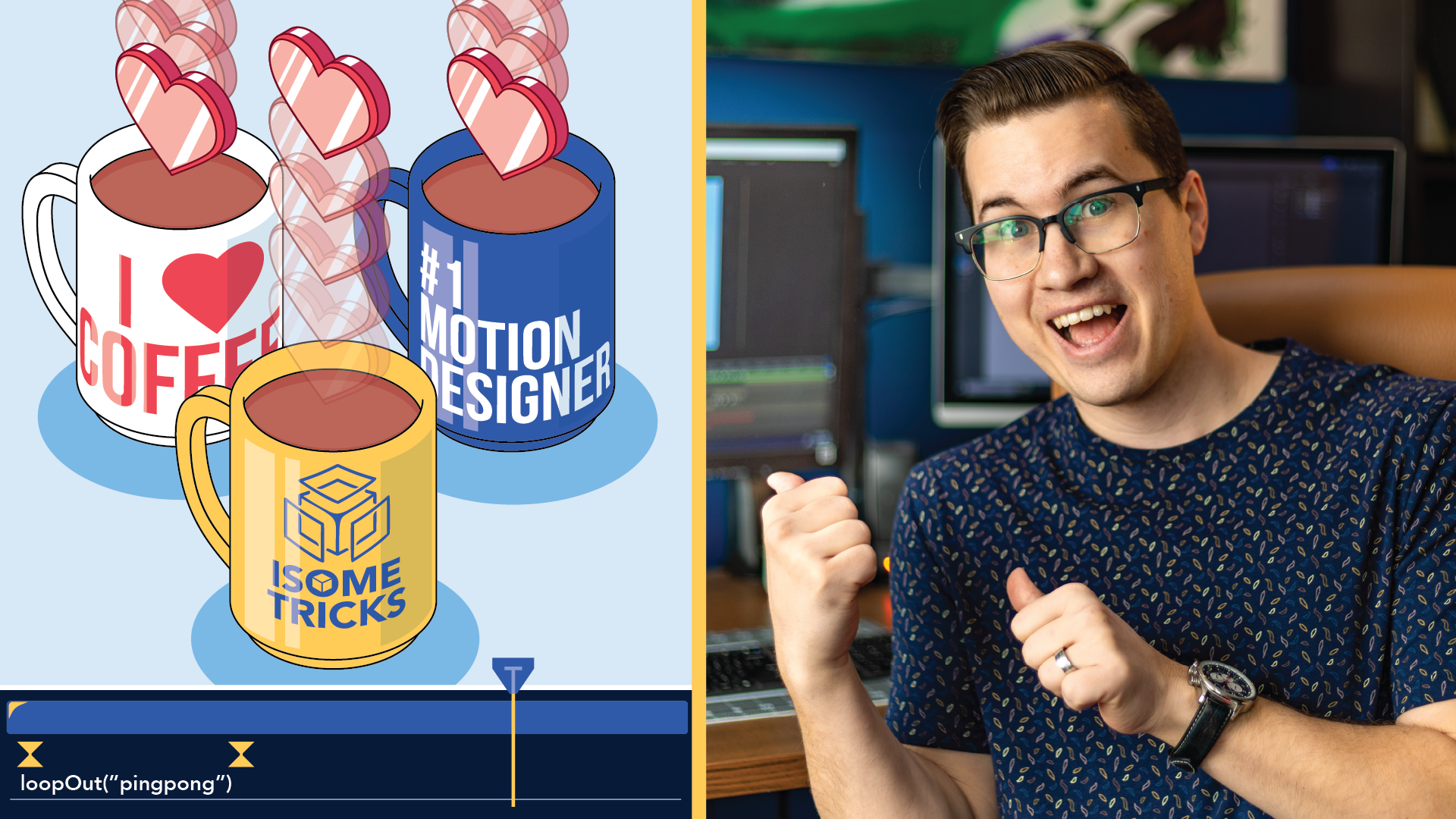 A man wearing glasses and a dark patterned shirt sitting in front of computer screens, smiling and raising a fist in a gesture of success or excitement.