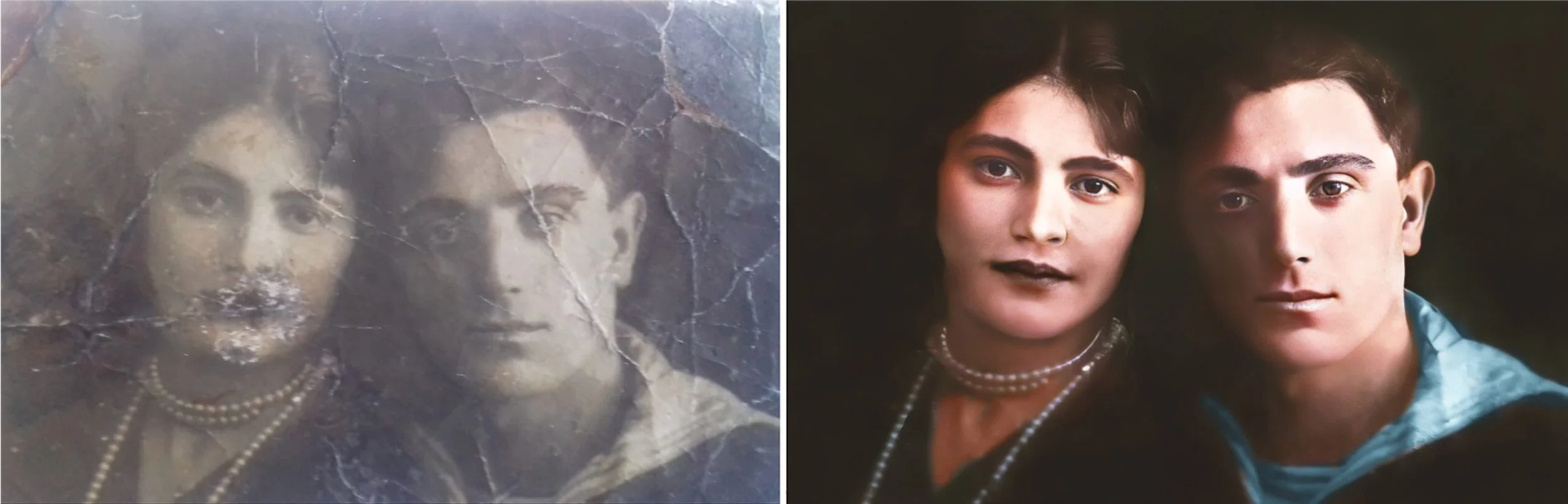 A cracked, faded old portrait of a young couple, and the same photo fully restored and colourised